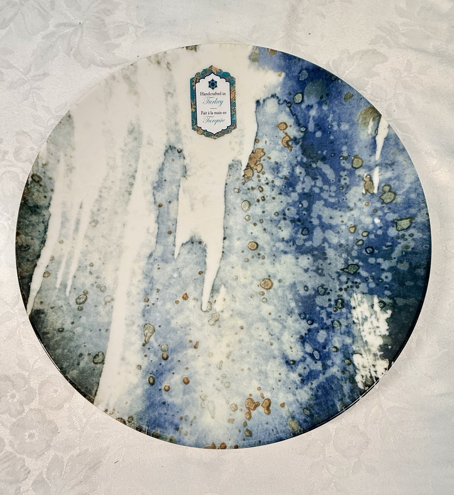 Intesa Home Blue Gold White Marble Abstract Design Dinner Plates 10.25” Set/4