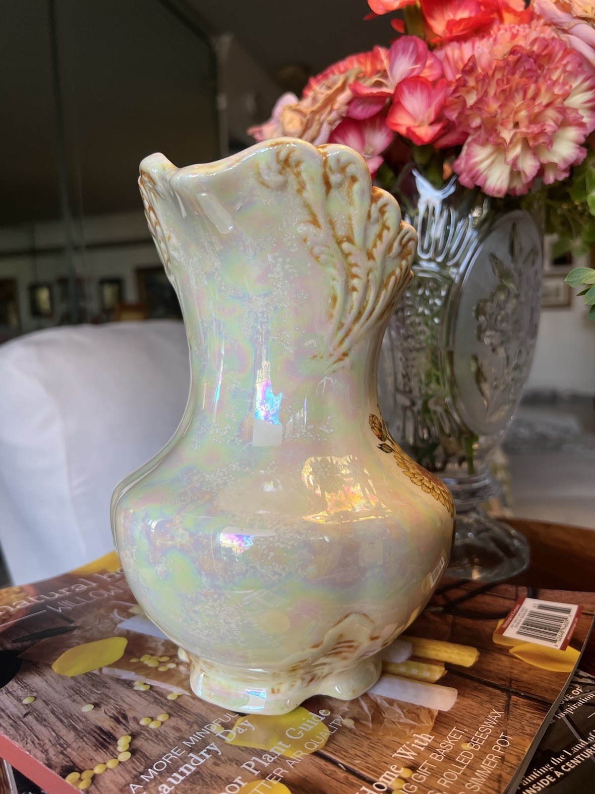 Vtg Iridescent Lusterware Ceramic Pitcher Yellow Dahlia Opalescent Swirl