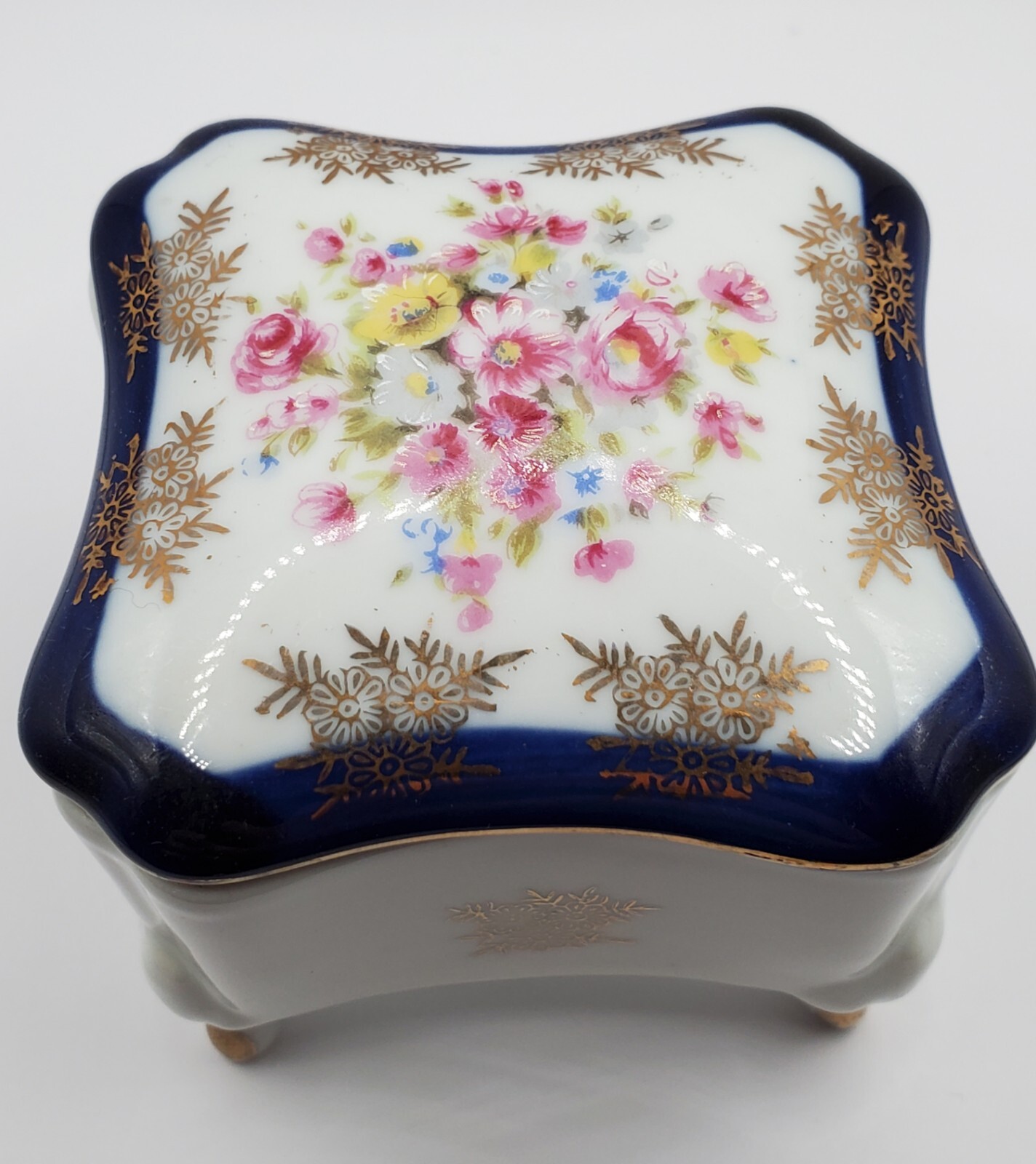 Echt Kobalt Trinket Box Porcelain Floral Design Blue Pink Gold