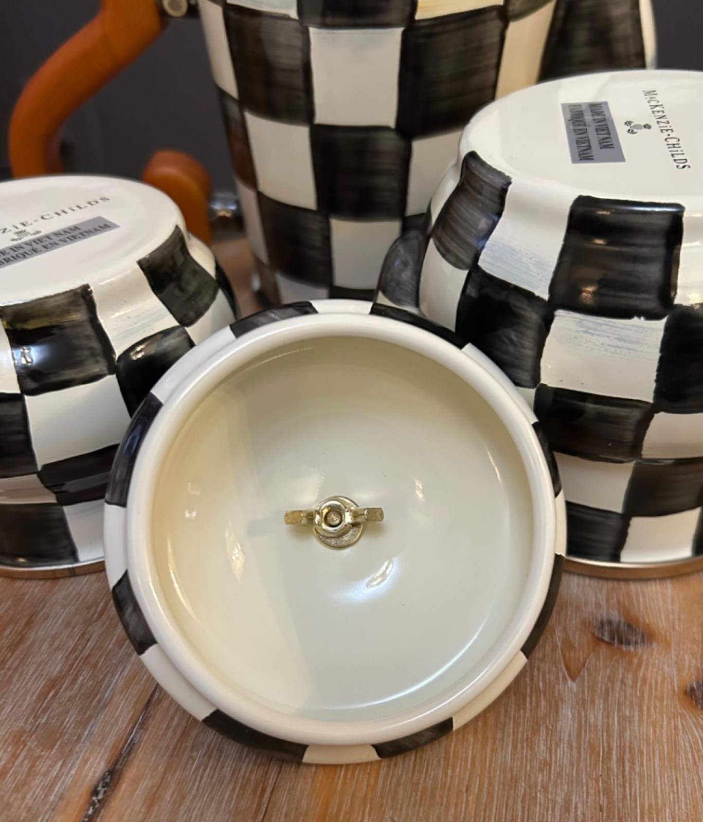 MacKenzie-Childs Courtly Check Stackable Coffee Pot Set w/ Sugar & Creamer – NEW