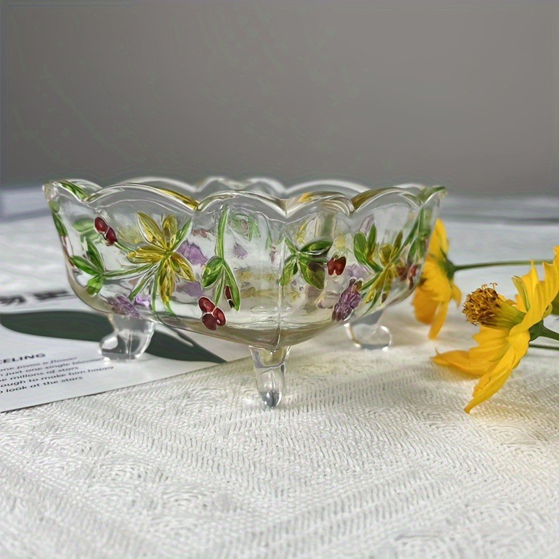 Vintage Glass Salad Bowl With Floral Serving Dish Fruit Bowl Colorful Home Decor