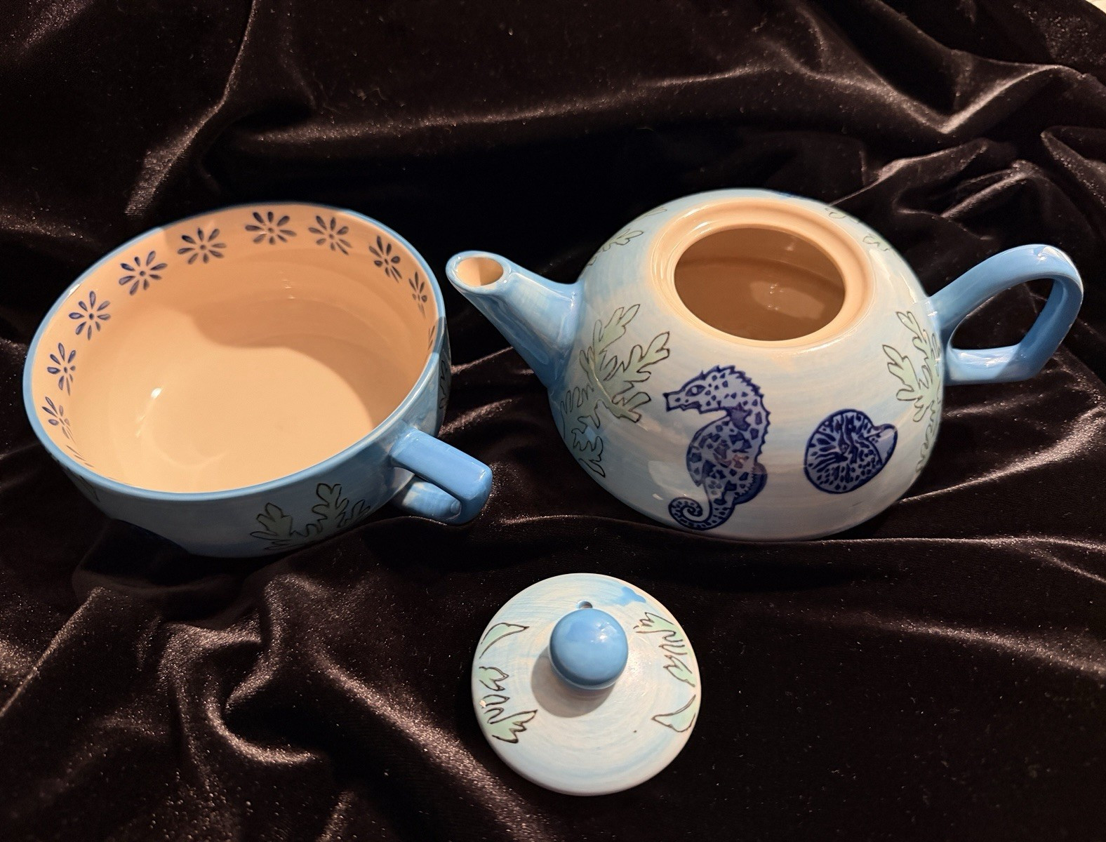 Yokohama Studio Hand Painted Seahorse Teapot & Cup Blue Coastal Ceramic