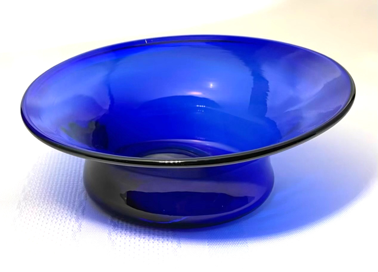 JW Shelton Cobalt Blue Glass Footed Candy Dish Bowl Asymmetrical Signed 5.5×2″