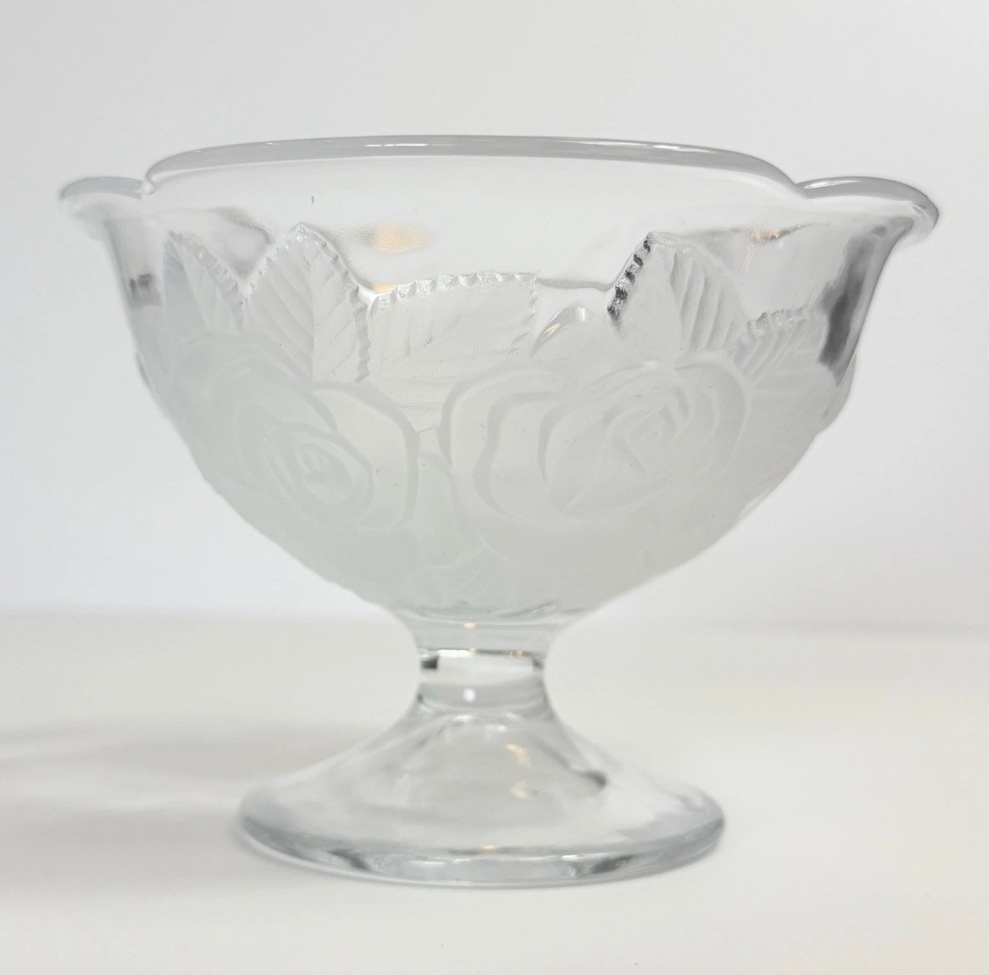 Vintage Clear Frosted Glass Rose Footed Pedestal Bowl Coquette Cottagecore