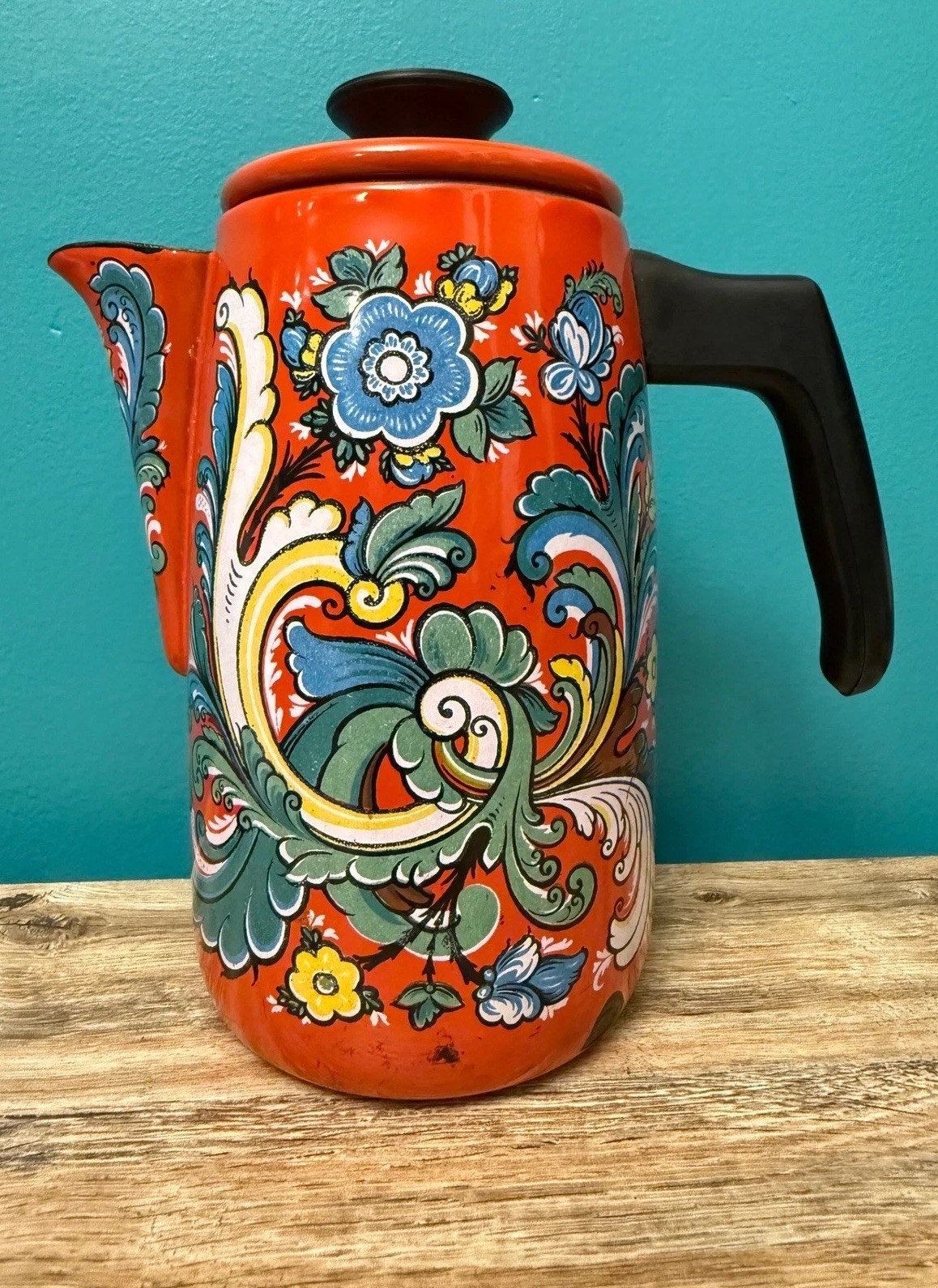 Scandinavian Vintage Coffee Pot Orange Floral Enamelware Retro Boho MCM Carafe