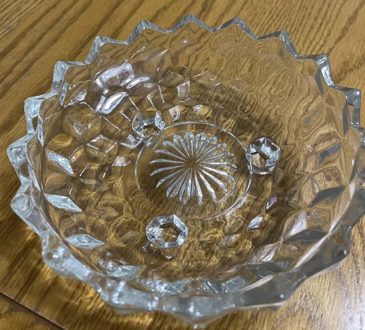 Vintage Footed Clear Glass EAPC Candy Dish Starburst Bottom Sawtooth Edge 6.5 in