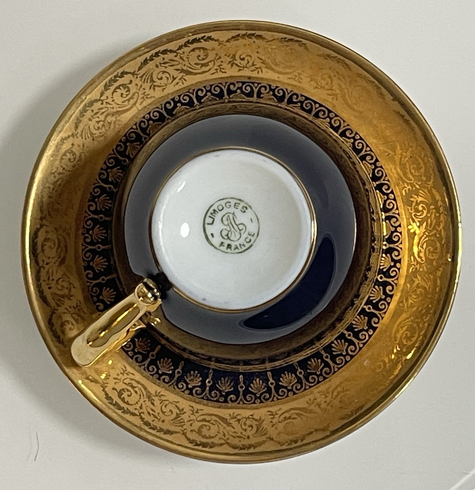 Limoges Blue & Gold Porcelain Tea Cup & Saucer Set Decorated w/ Handle France