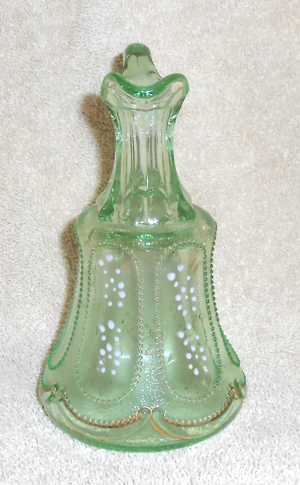 EAPG DUGAN “BEADED OVALS SAND PATTERN” CRUET APPLE GREEN c1905-1909 – NO STOPPER