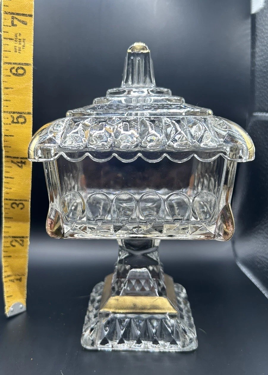 MCM 1950’s JEANNETTE Glass Wedding Box Clear W/ Gold Trim Candy Dish Pedistal 7″