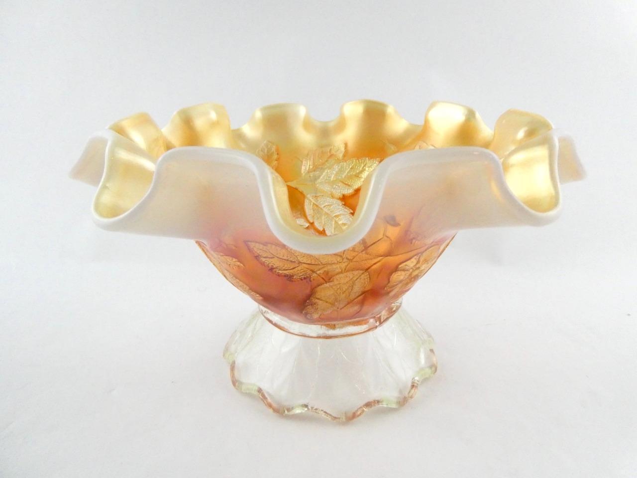 Vintage Dugan Dogwood Sprays Marigold Opalescent Carnival Glass Footed Bowl