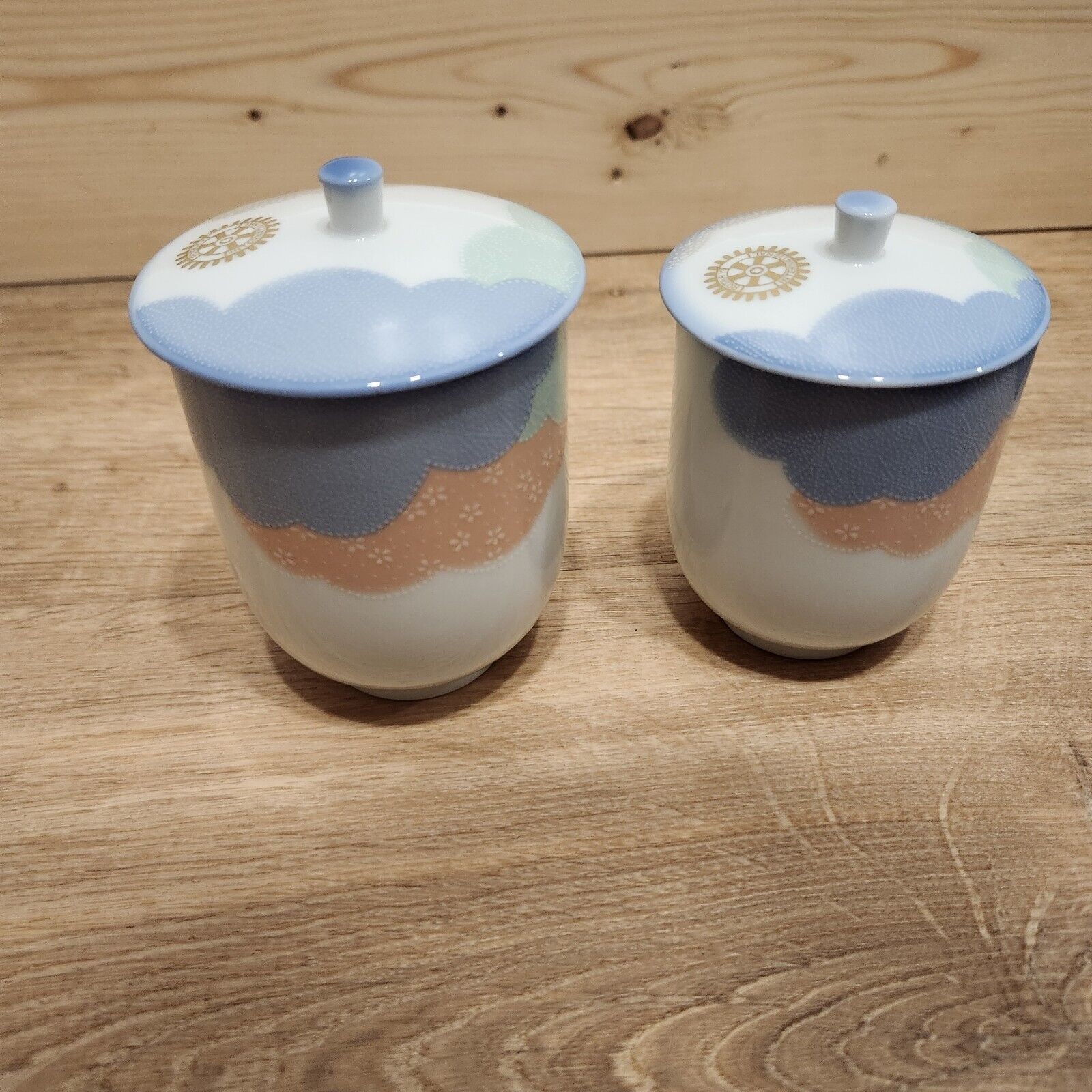 Noritake Couple Teacup Set 2 Cups w/ Lids Husband Wife Japan Vtg New Rotary Club