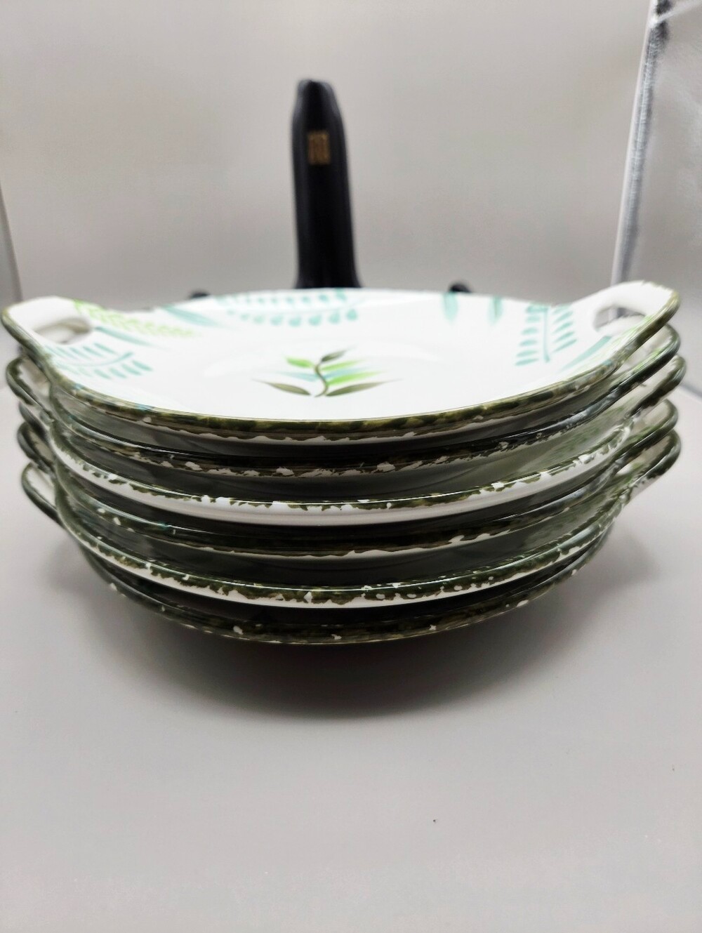Botanical Leaf Ceramic Dessert or Salad Plates with Handles, Set of 6, NWOT