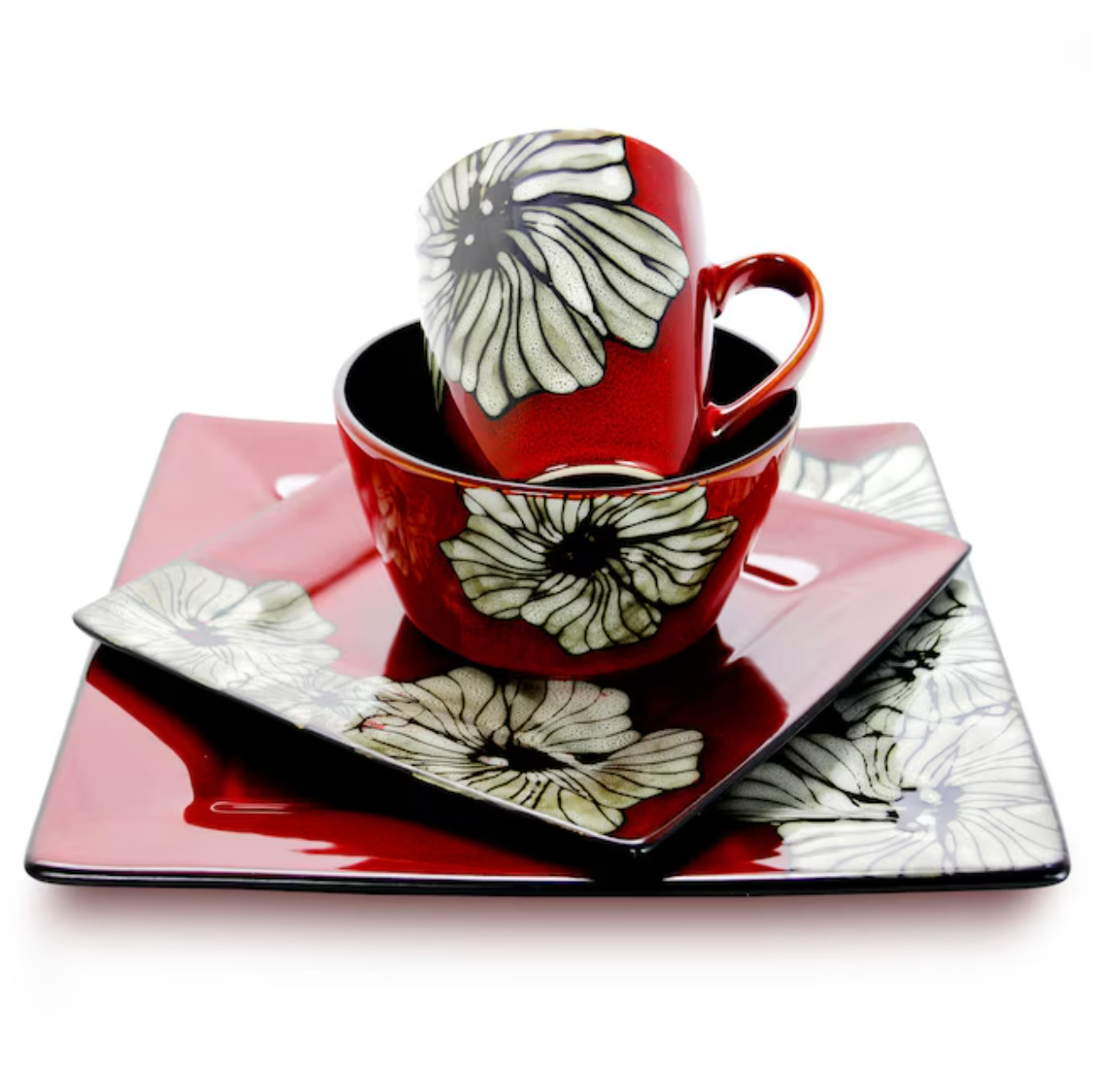 ELAMA WINTER BLOOM RED SQUARE DINNERWARE STONEWARE 16 PCS SET FOR 4 NEW NIB
