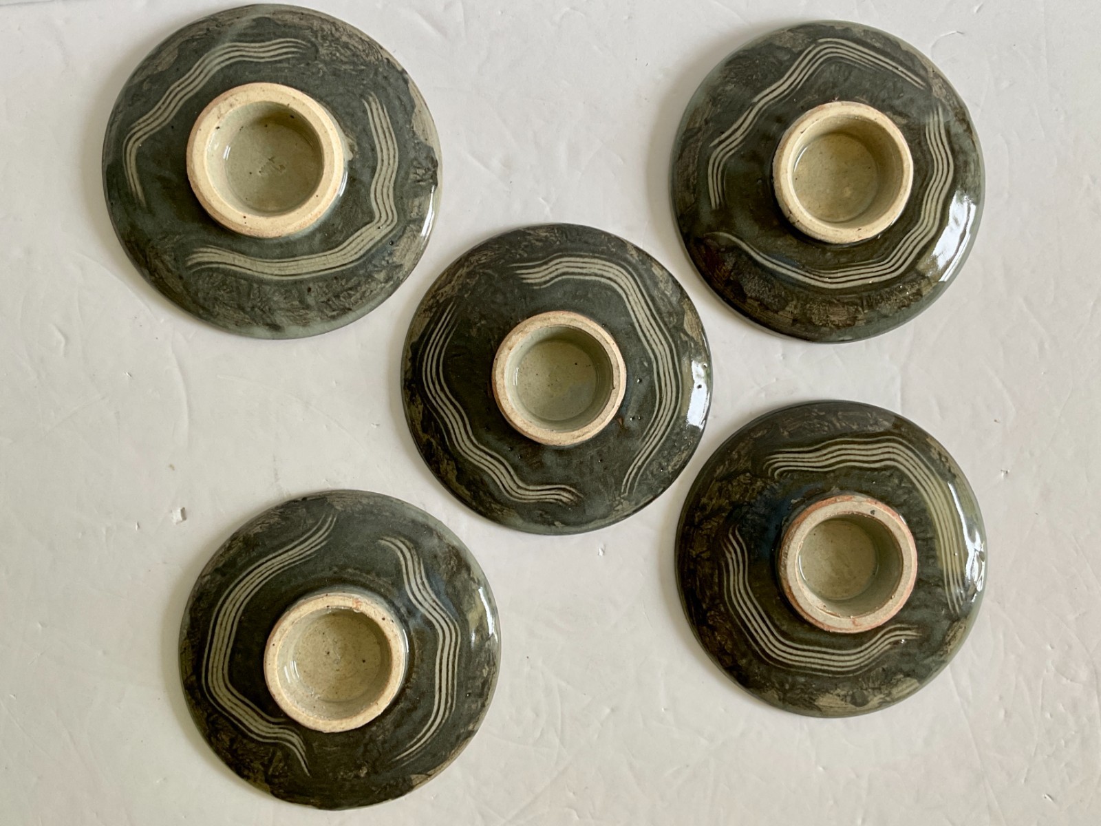 Vtg Somayaki Soma Ware Double Wall Bread Plates 5 1/2″D Green Crackle Set of 5
