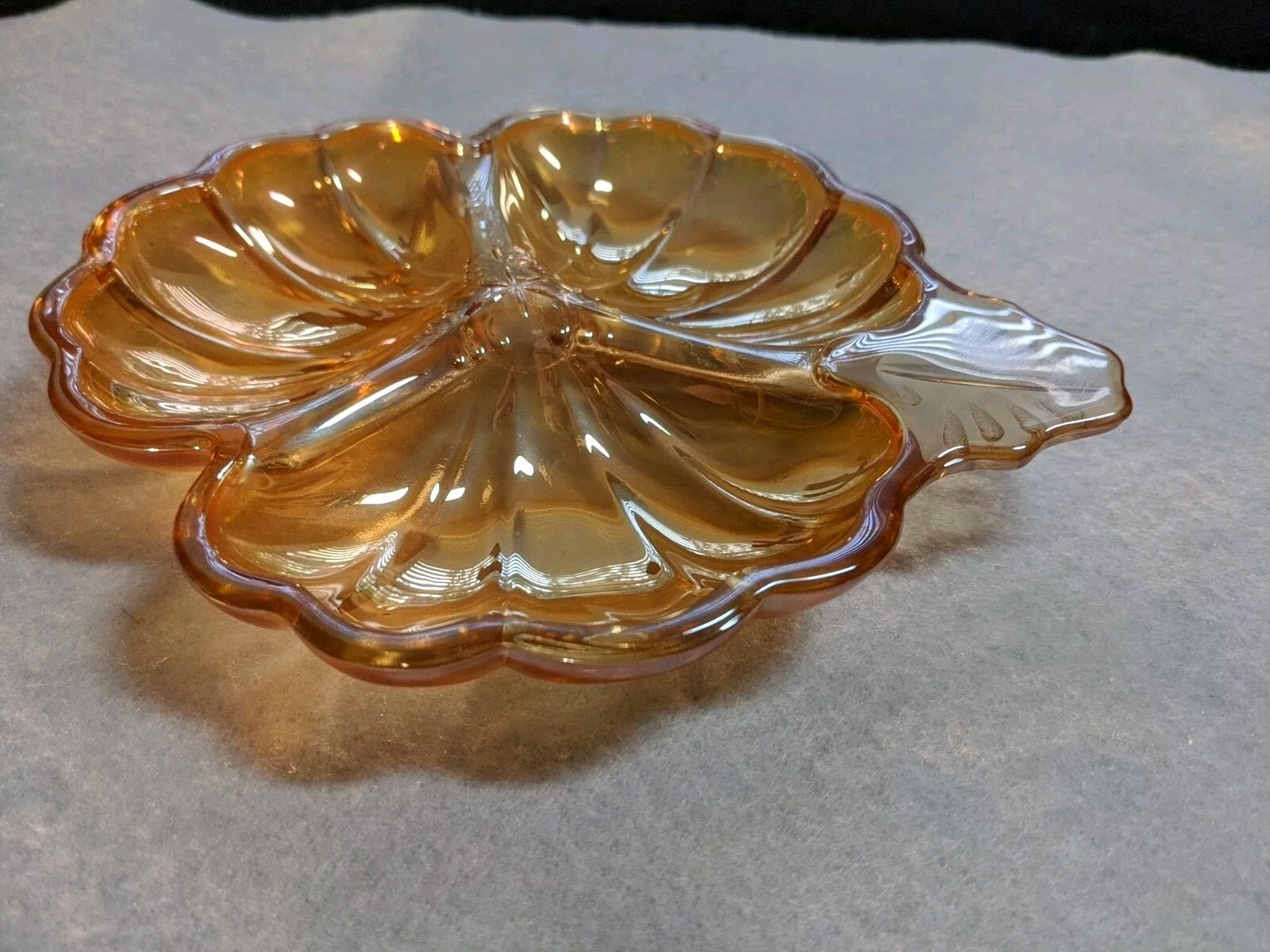 Vintage Amber Marigold Carnival Glass 3 Section Flower Leaf Candy Nut Dish