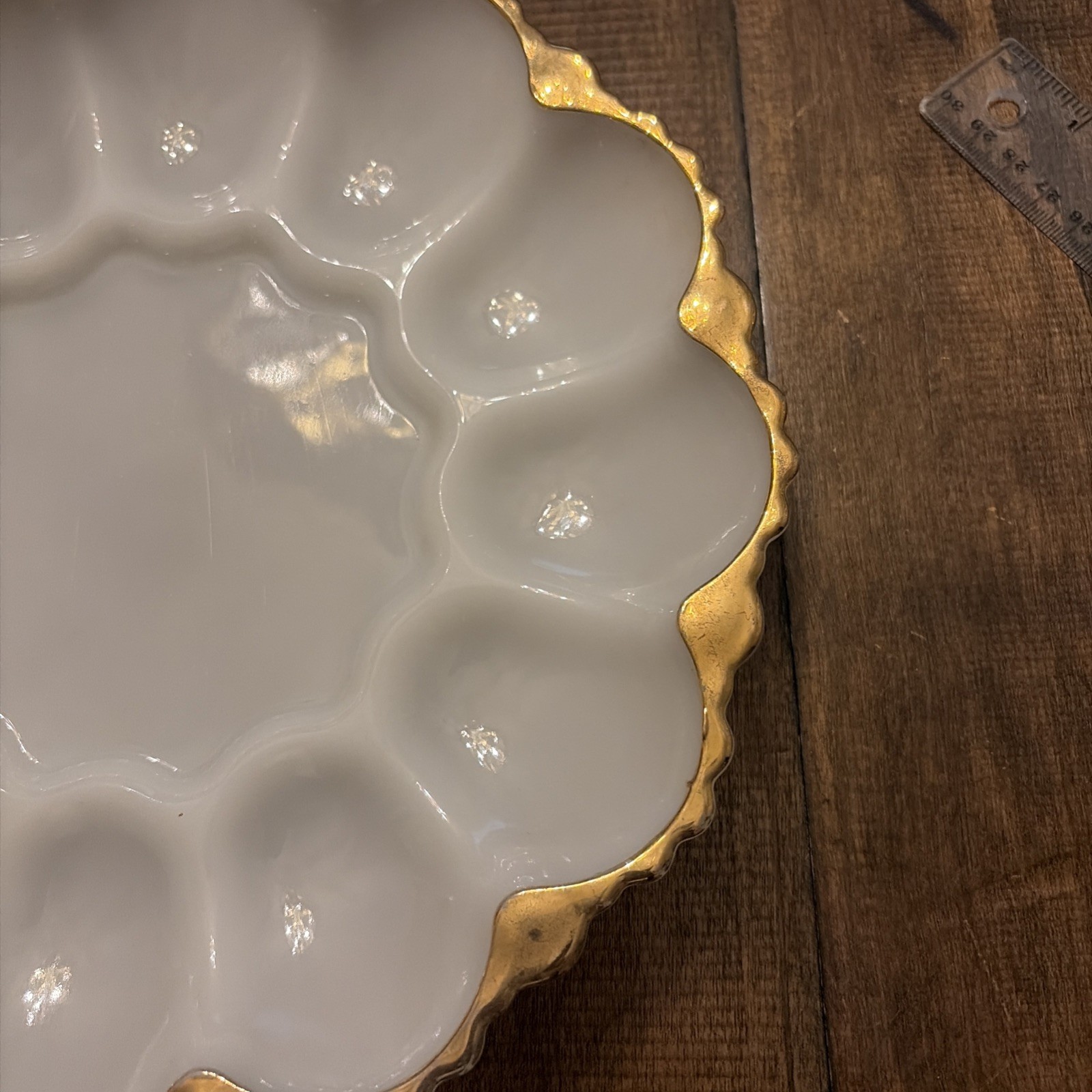 VTG 1950-1959 MCM Anchor Hocking Milk Glass Deviled Egg Plate W/Gold Rim