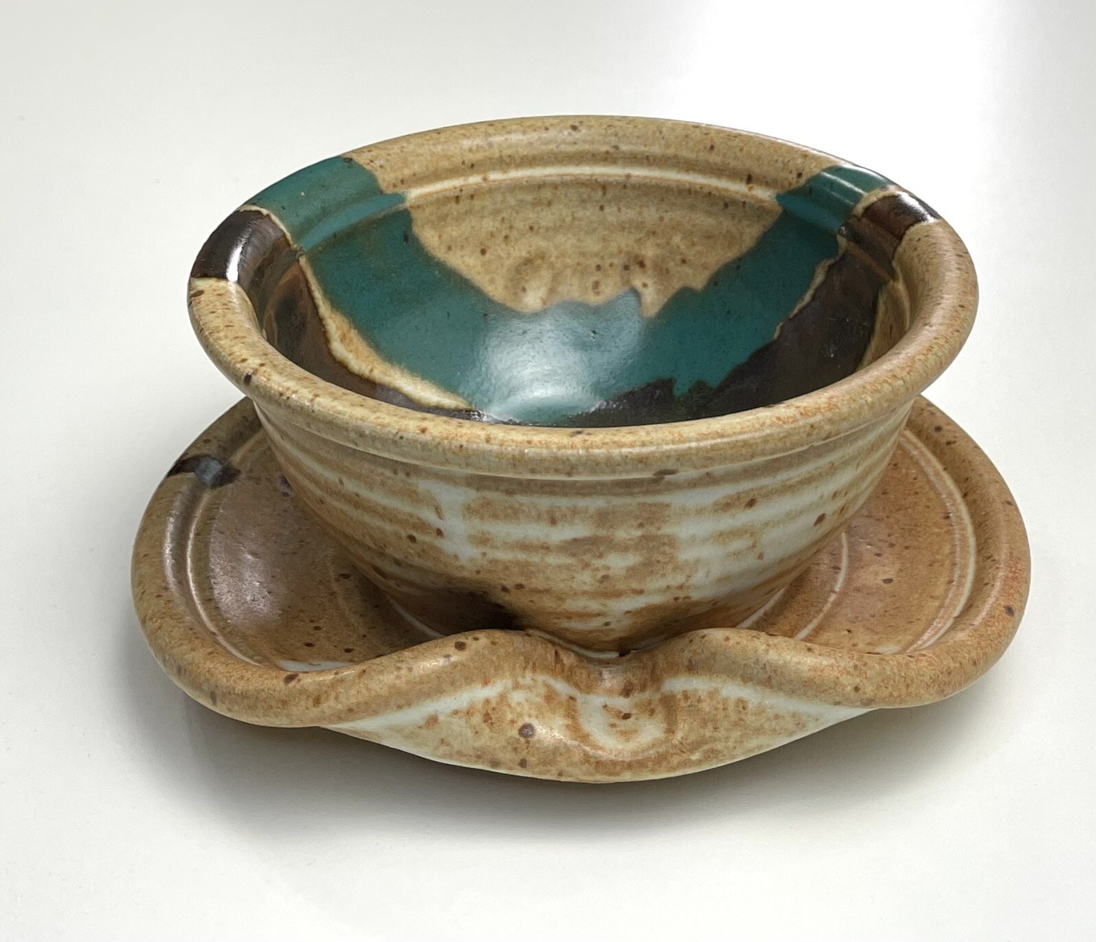 Vintage Drip Glaze Pottery Bowl with Attached Plate Signed