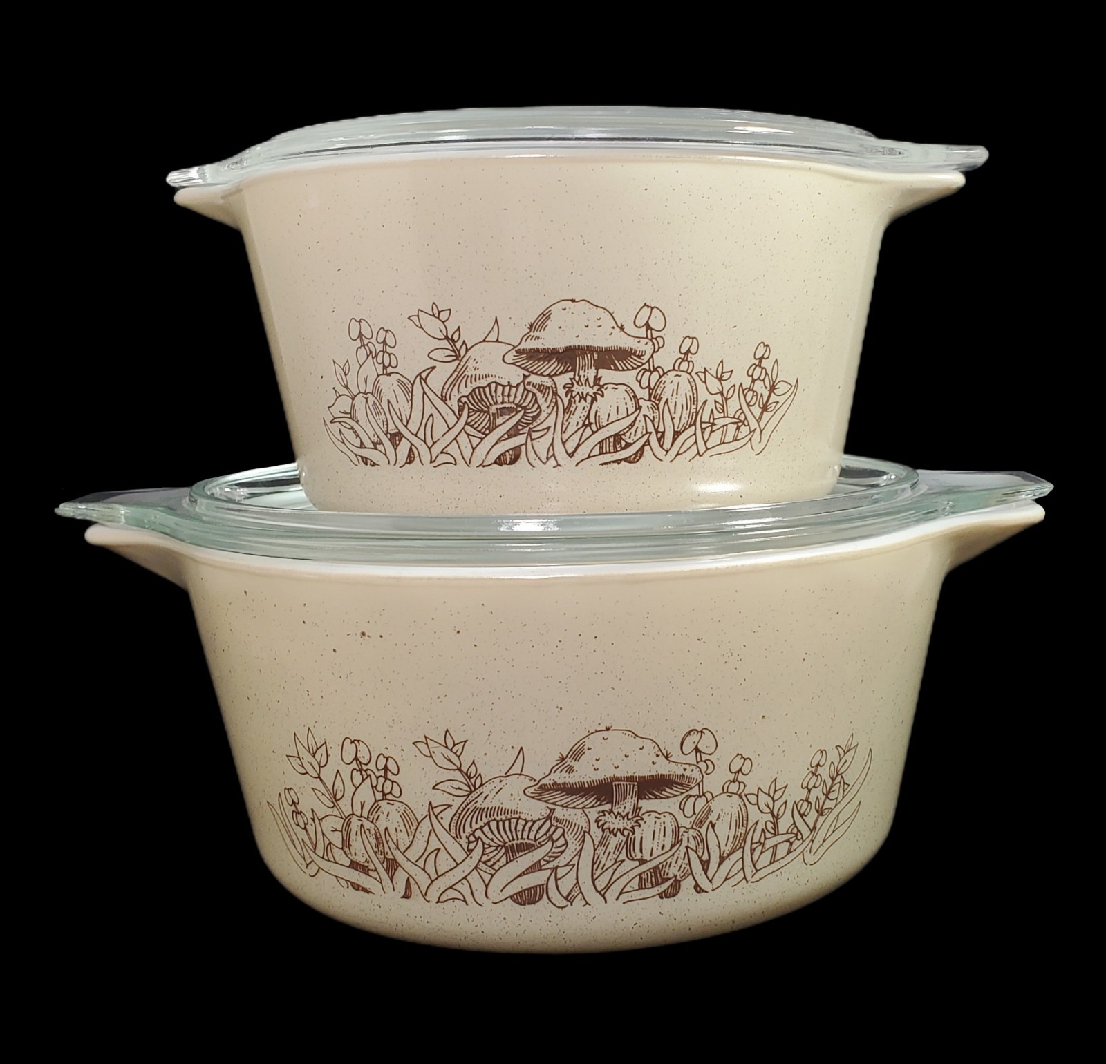VTG Pyrex Forest Fancies Mushroom Casserole Dishes 473 & 474 w Lids Corning Mark