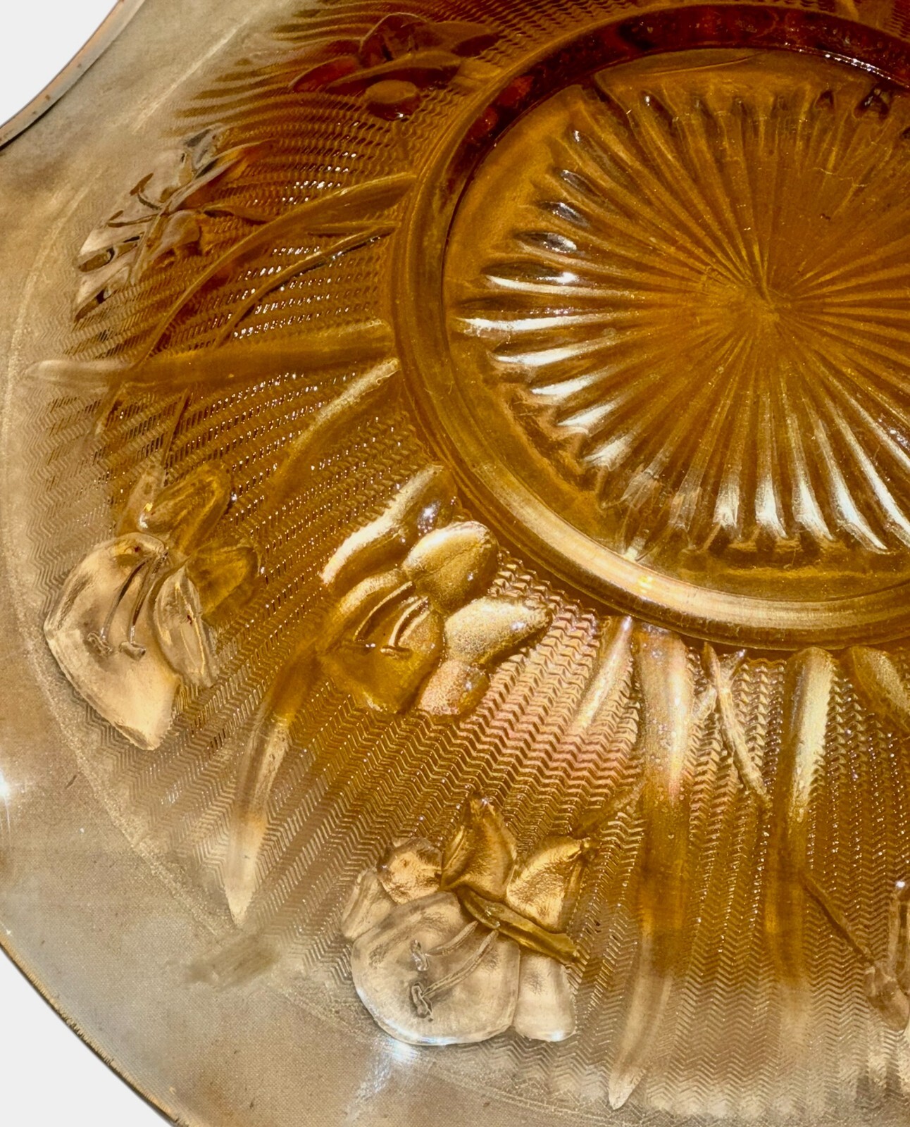 Jeanette Glass Iris and Herringbone Marigold Carnival Iridescent 9.5″ Bowl