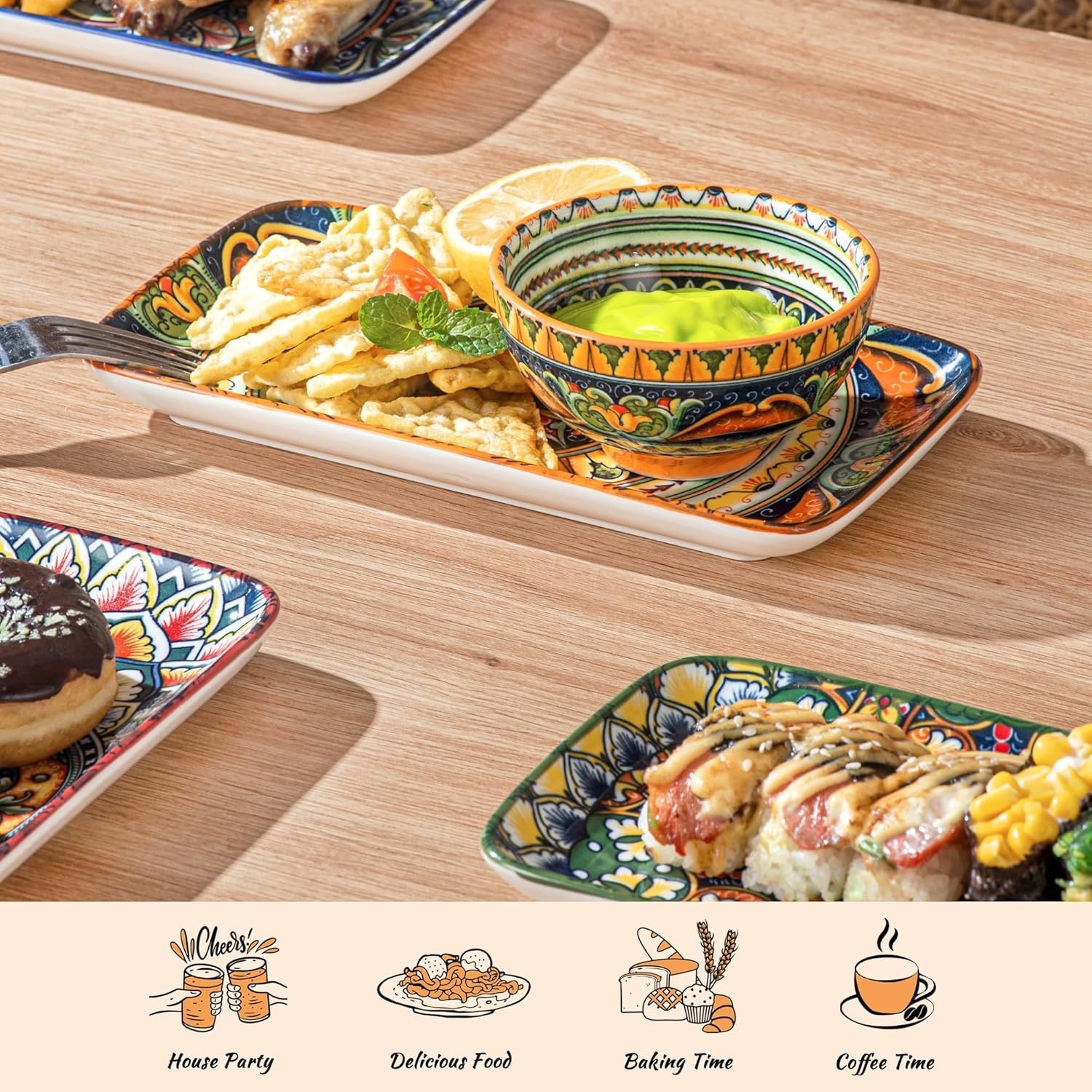 Ceramic 8 Inch Salad Plates, Rectangular Salad Plate Set of 6, Bohemian Servi…