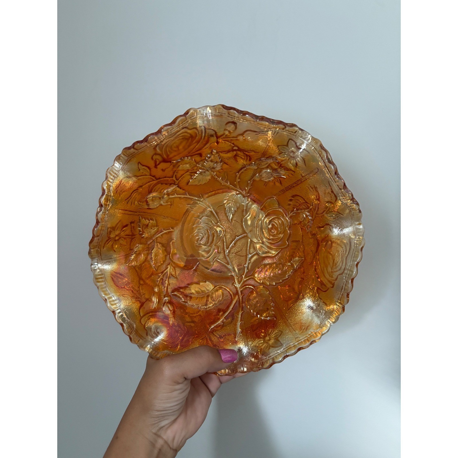Vintage Imperial Glass American Beauty Embossed Rose Open Marigold Lustre 1950s