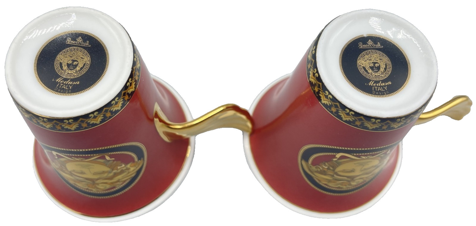 Pair Of Rosenthal Versace “MEDUSA RED” TALL CUPS & SAUCERS (ITALY DESIGN)