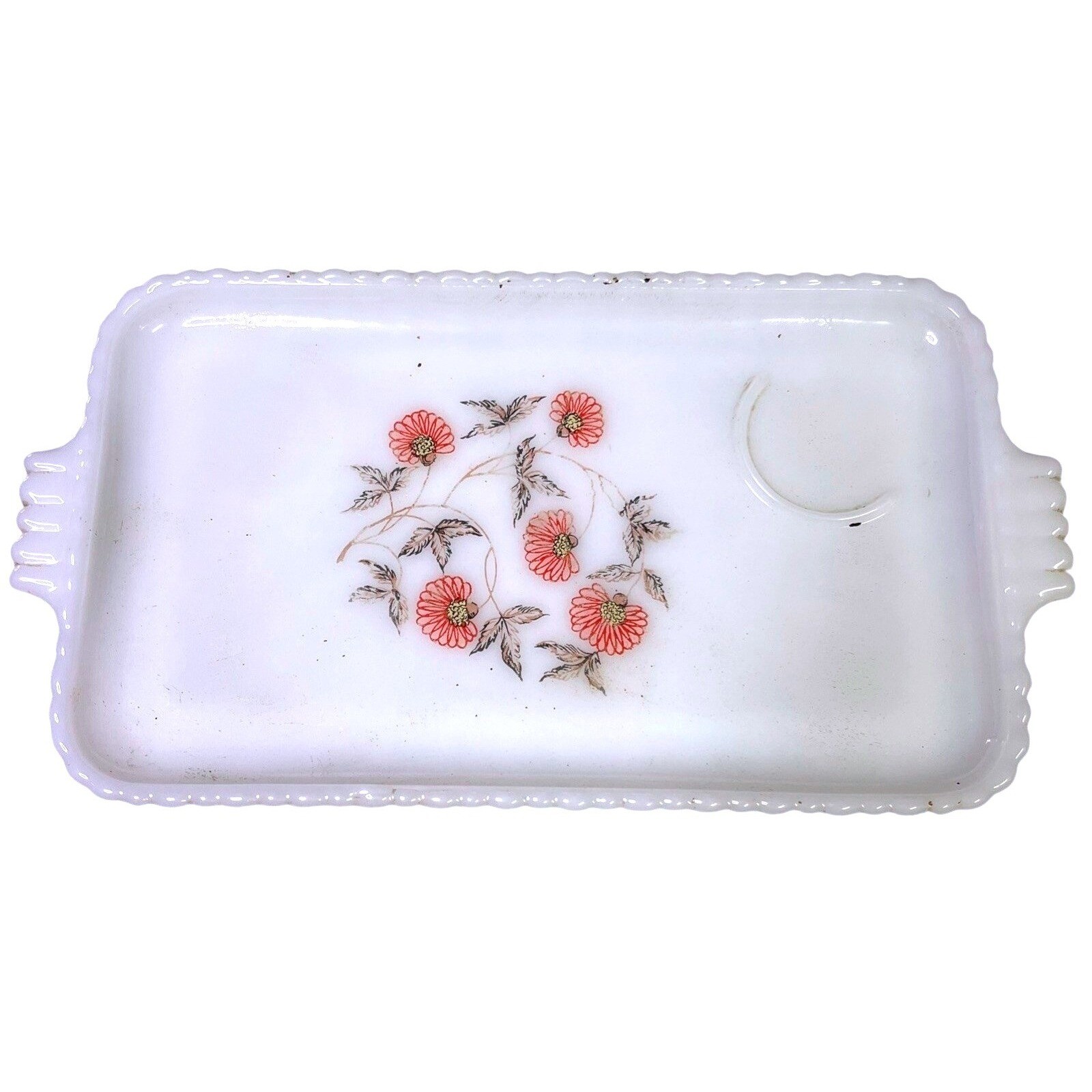 Vintage White Milk Glass Vanity Tray Pink Floral Design Rectangular 11.5″
