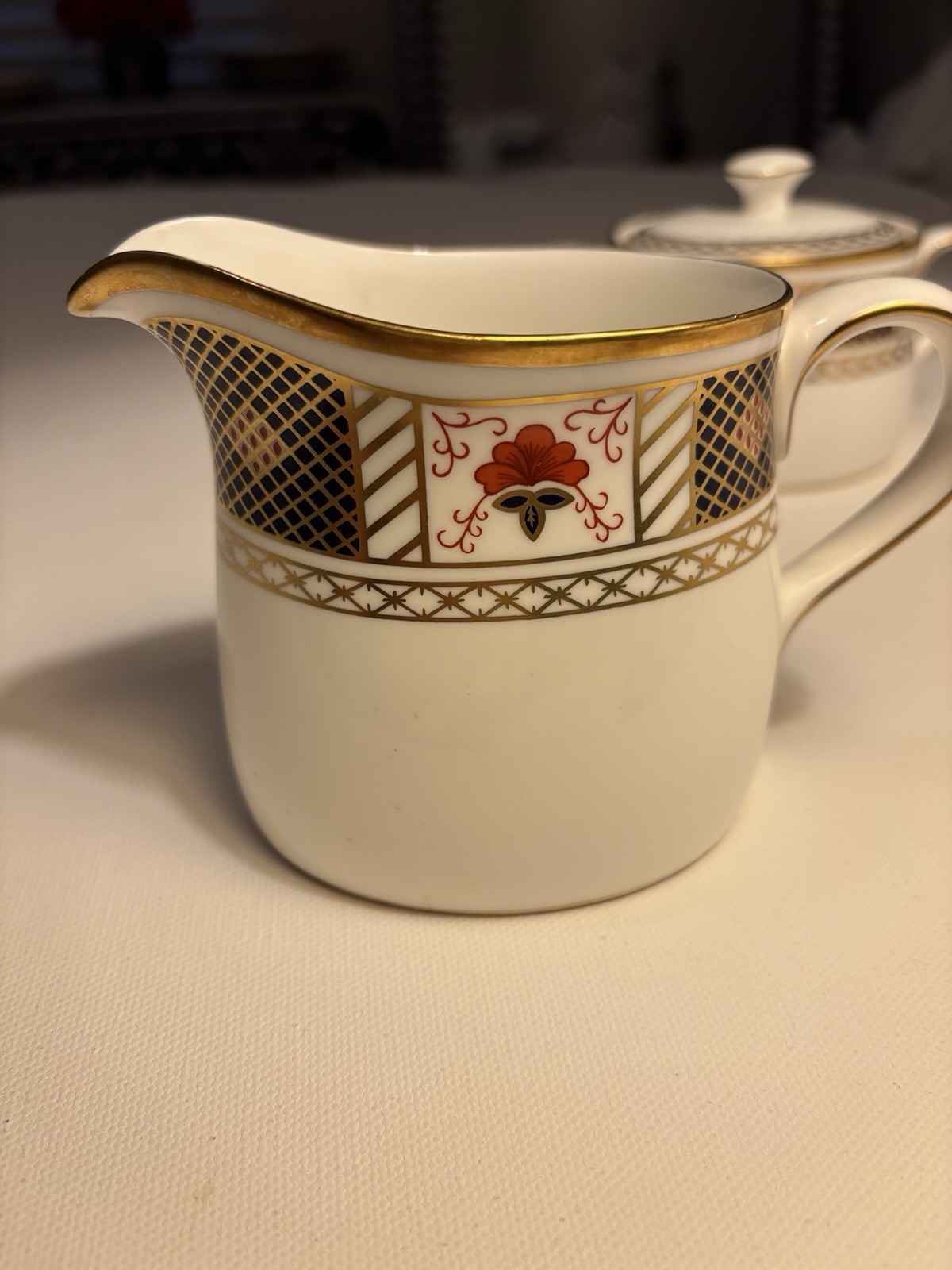 Royal Crown Derby Bordered Covered Sugar Bowl And Creamer