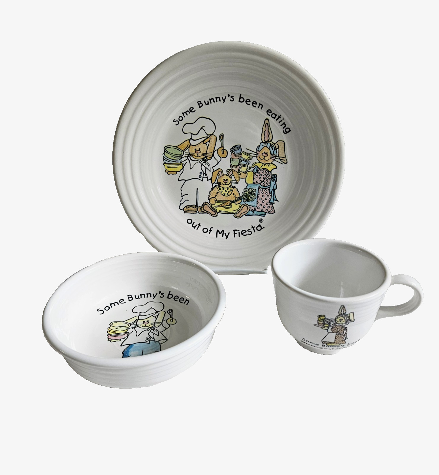 Fiesta Ware Child’s 3 Pc China Set Some Bunny’s Been Eating Out of my Fiesta