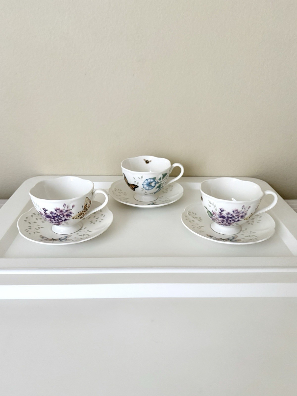 Lenox Floral Butterfly Bee Cups and Saucers Teacups Set of 3