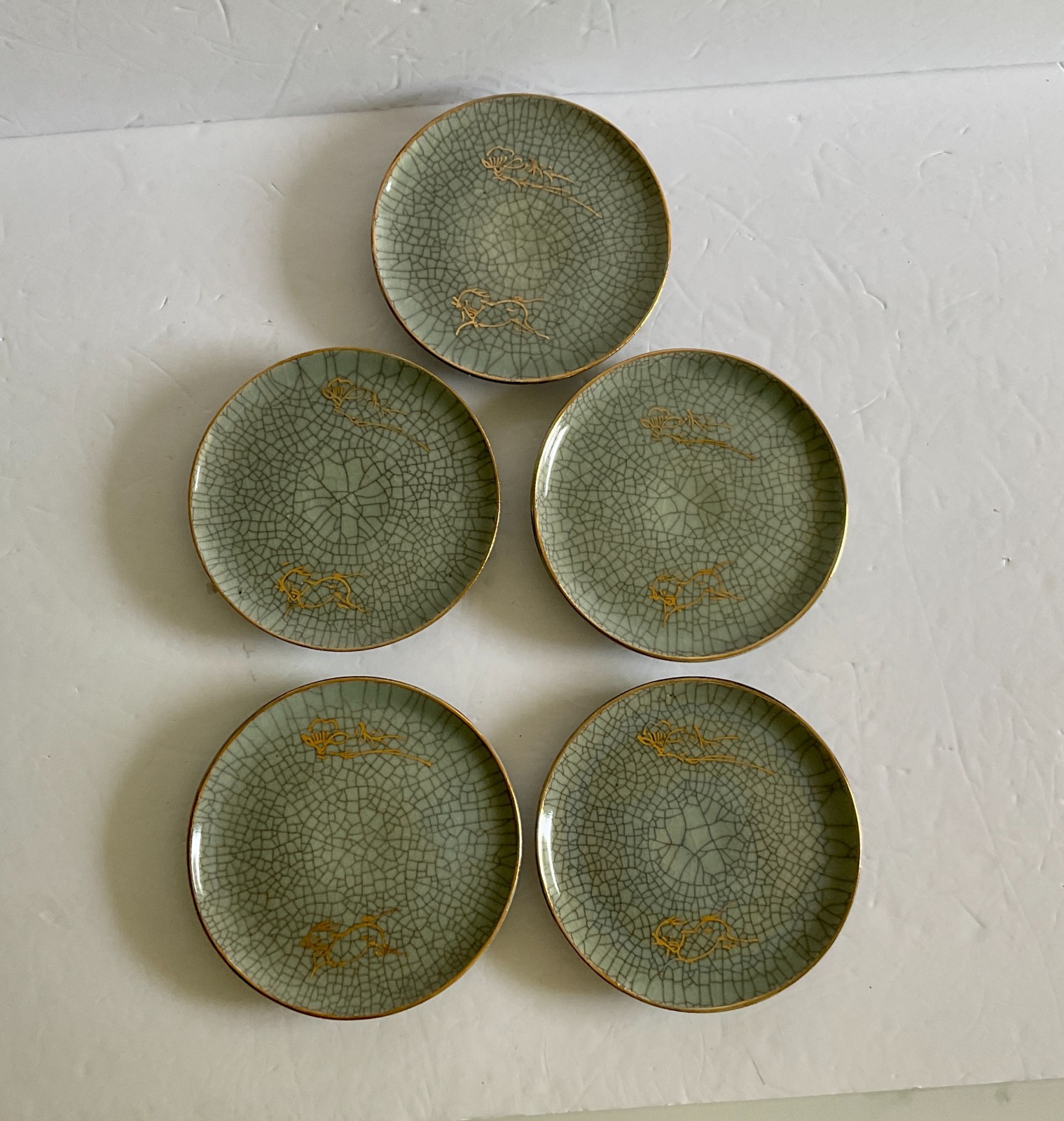 Vtg Somayaki Soma Ware Double Wall Bread Plates 5 1/2″D Green Crackle Set of 5