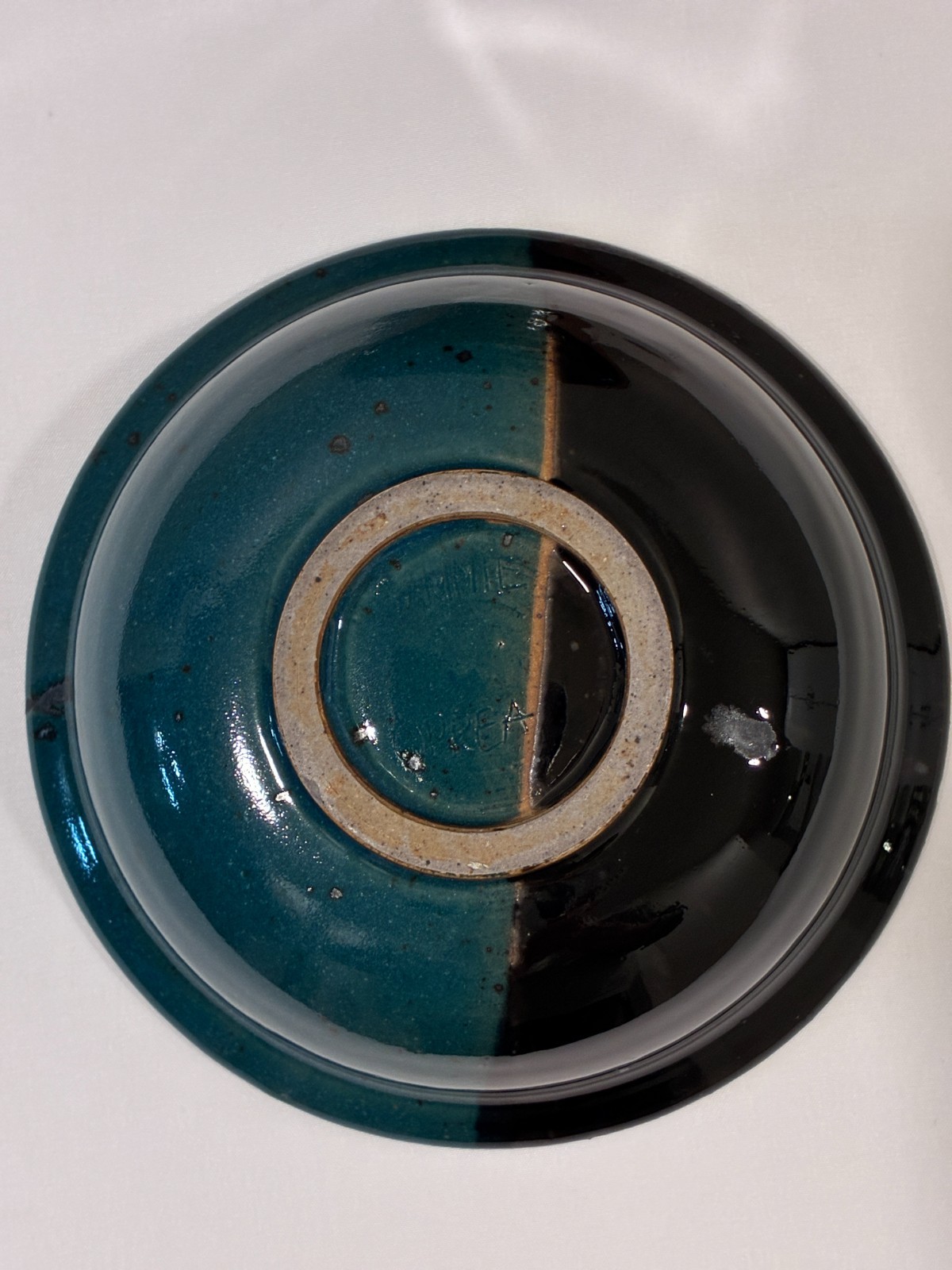 LIDDED POTTERY BOWL Turquoise/Black Handmade Round Color Block Glaze Handle Lid