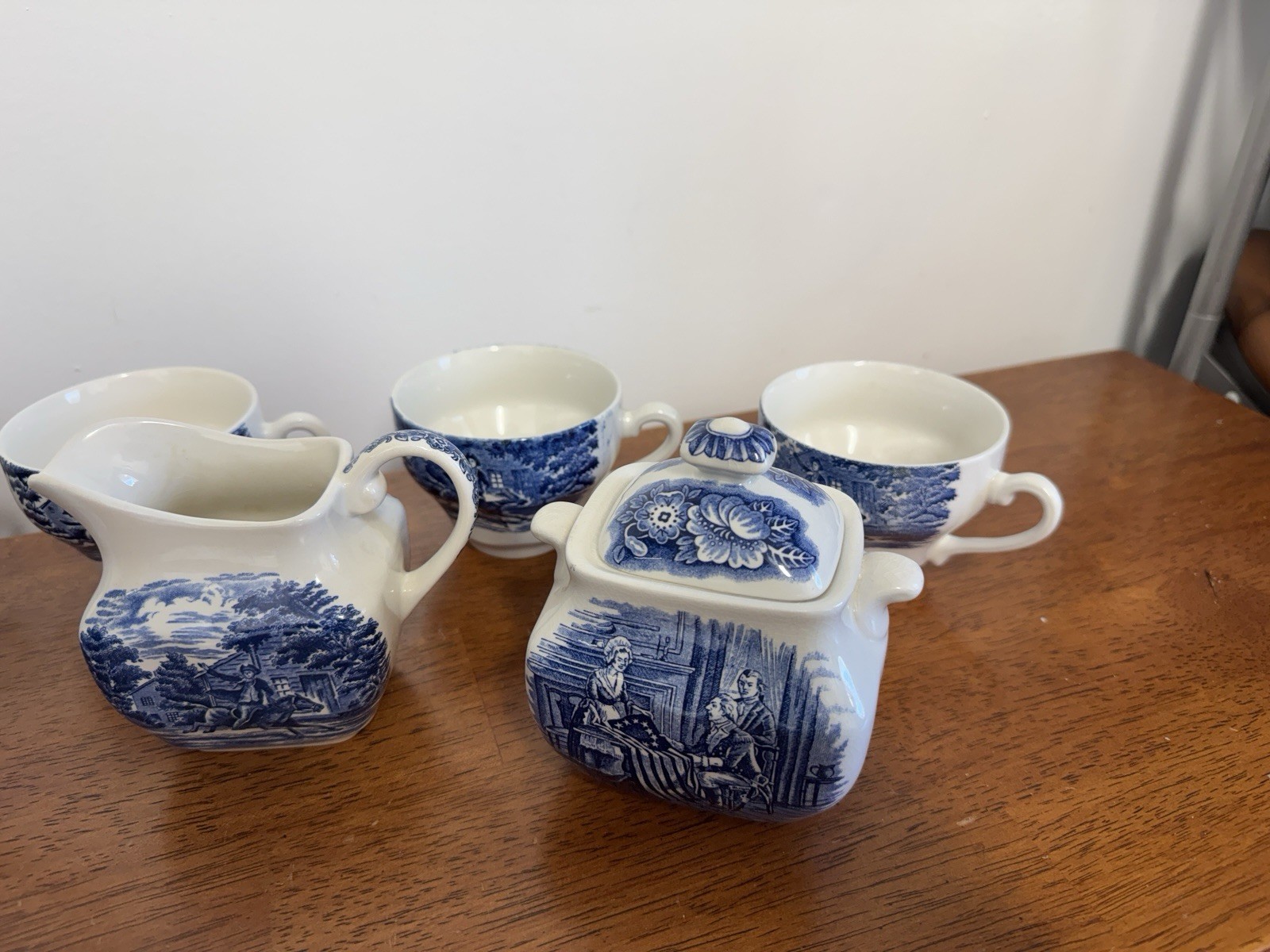 Liberty Blue Betsy Ross Tea Set Cups Creamers Sugar Bowl England Lot 9 Pc