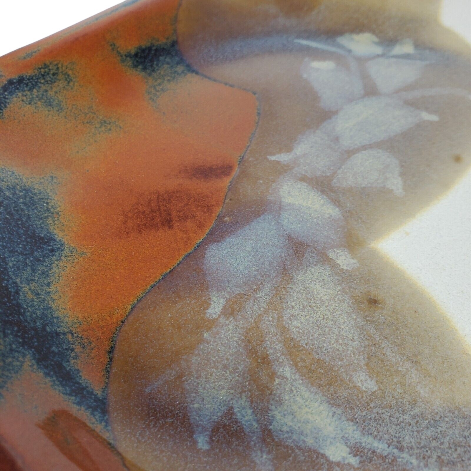 VTG Signed Stoneware Pottery Hexagon Plate Colorblock Blue Tan Brown Abstract