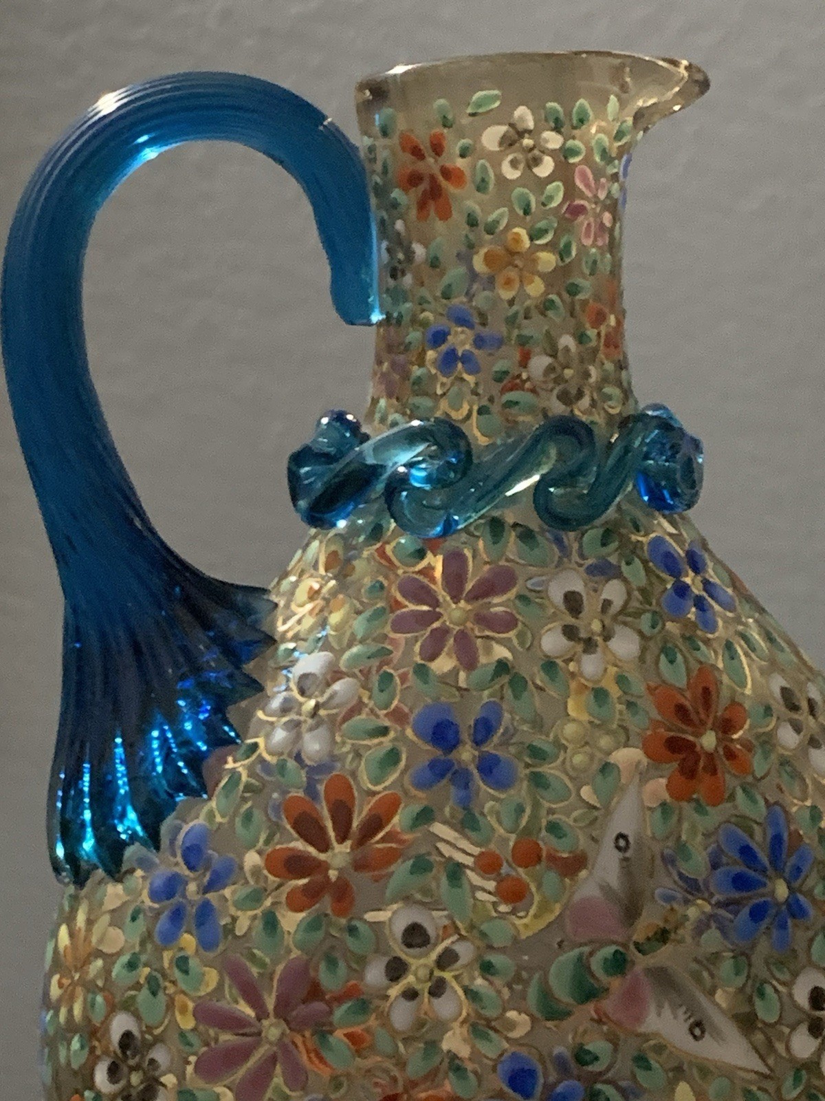 Vintage Rare Moser Hand Painted Multicolor Floral Art Glass Pitcher with Handle