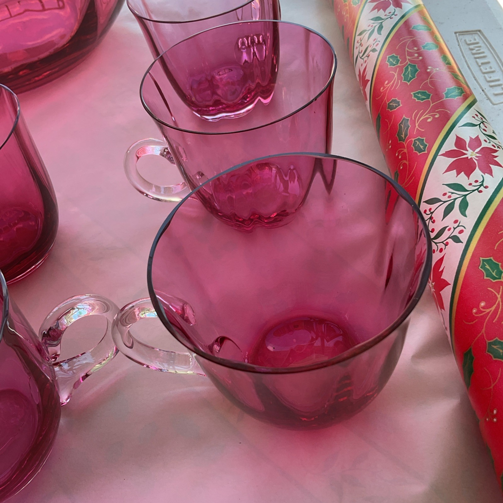Antique Cranberry Pink Glass Punch Bowl Set w/ 10 Handled Cups Pilgrim Optic