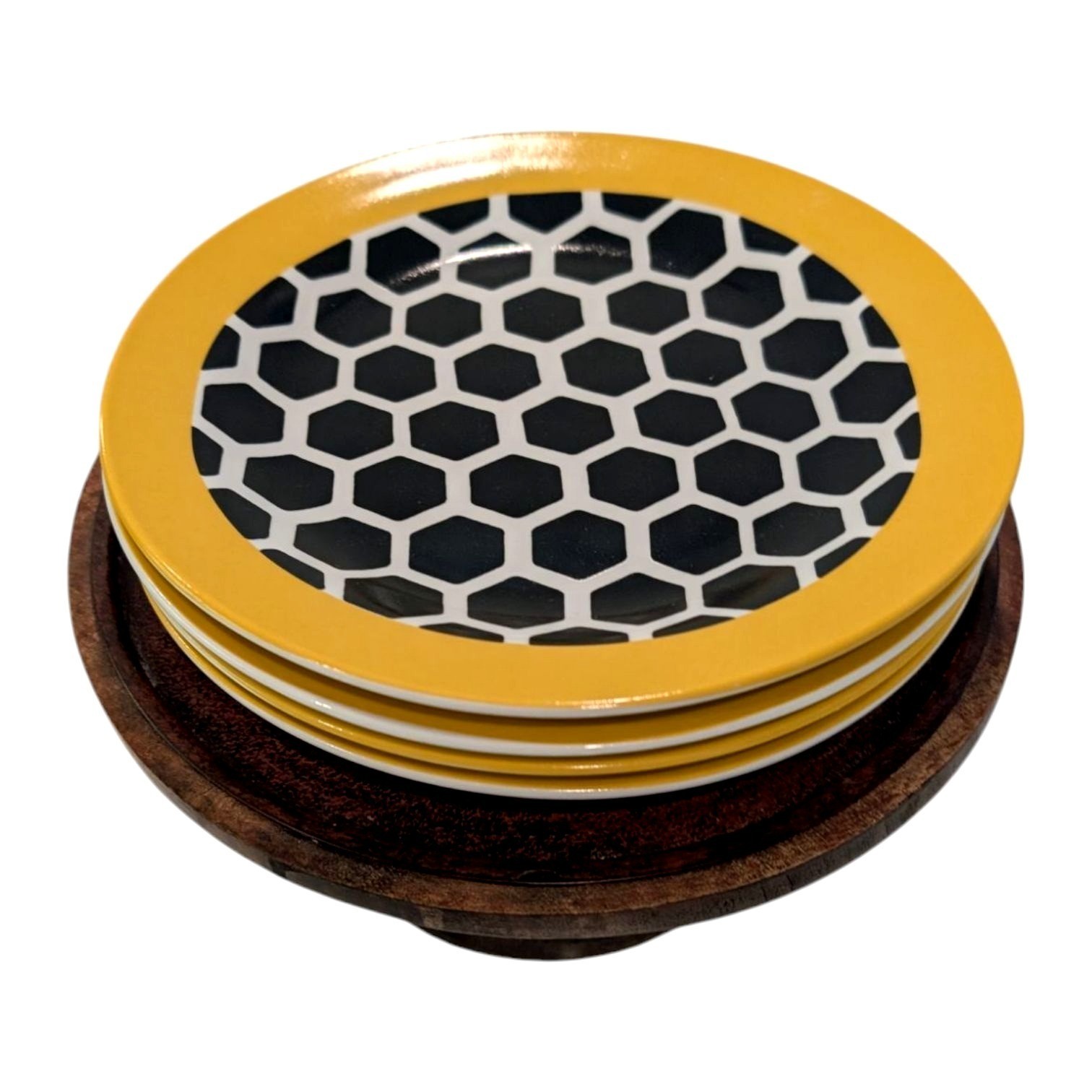 Bee-Themed Hexagon Pattern Side Plates Set Of 4 With Yellow Rim