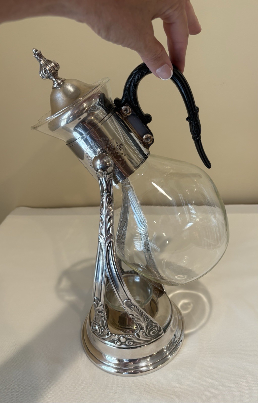 Vintage Art Deco Silverplate Tilting Coffee Carafe Warmer Corning Glass 15.5”