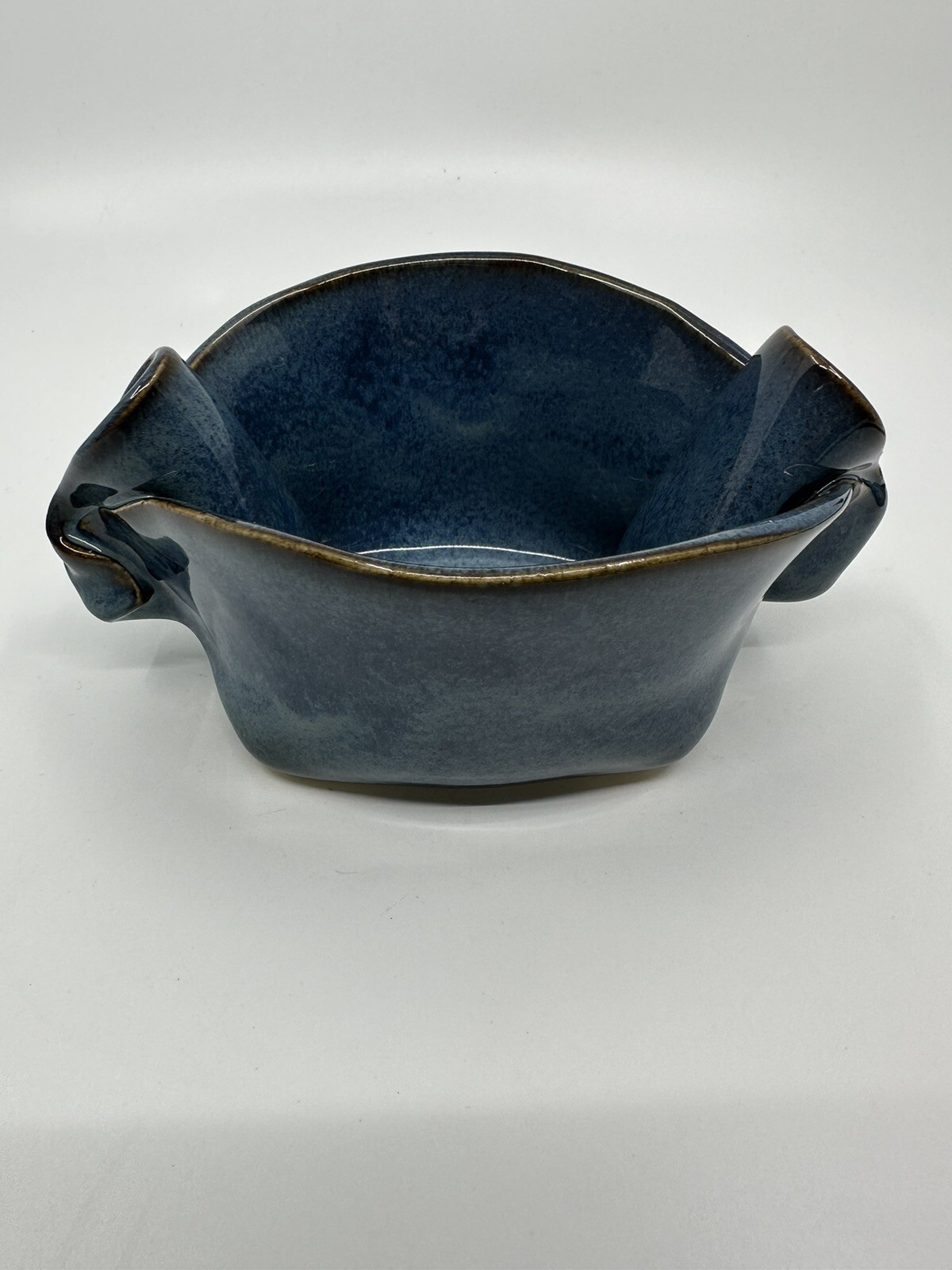 Hilborn Art Pottery Bowl Blue Glazed Pinched Sides Signed Hand Made