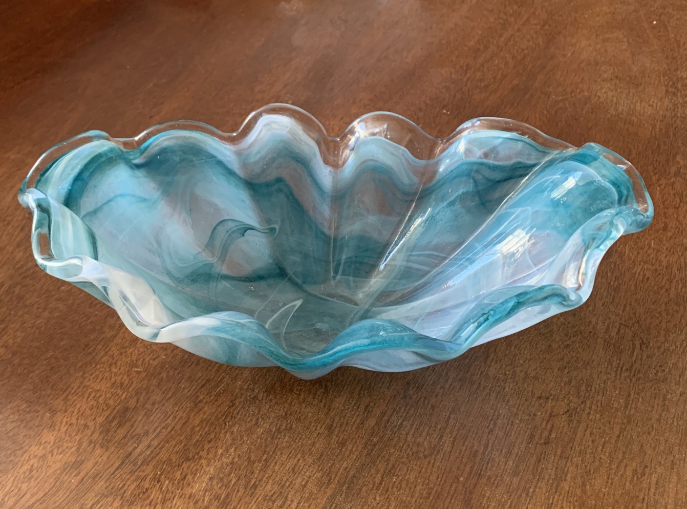 Murano Art Glass Hand Blown Oval Bowl Teal Aqua Blue White Wavy Exquisite W/Tag