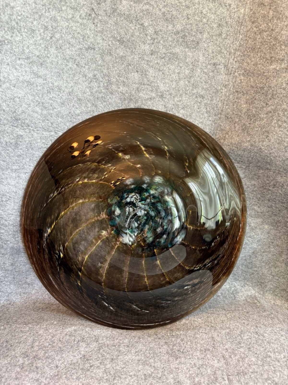 Contemporary Piece Of Art Glass Featuring A Swirling Design Brown, Blue & Yellow