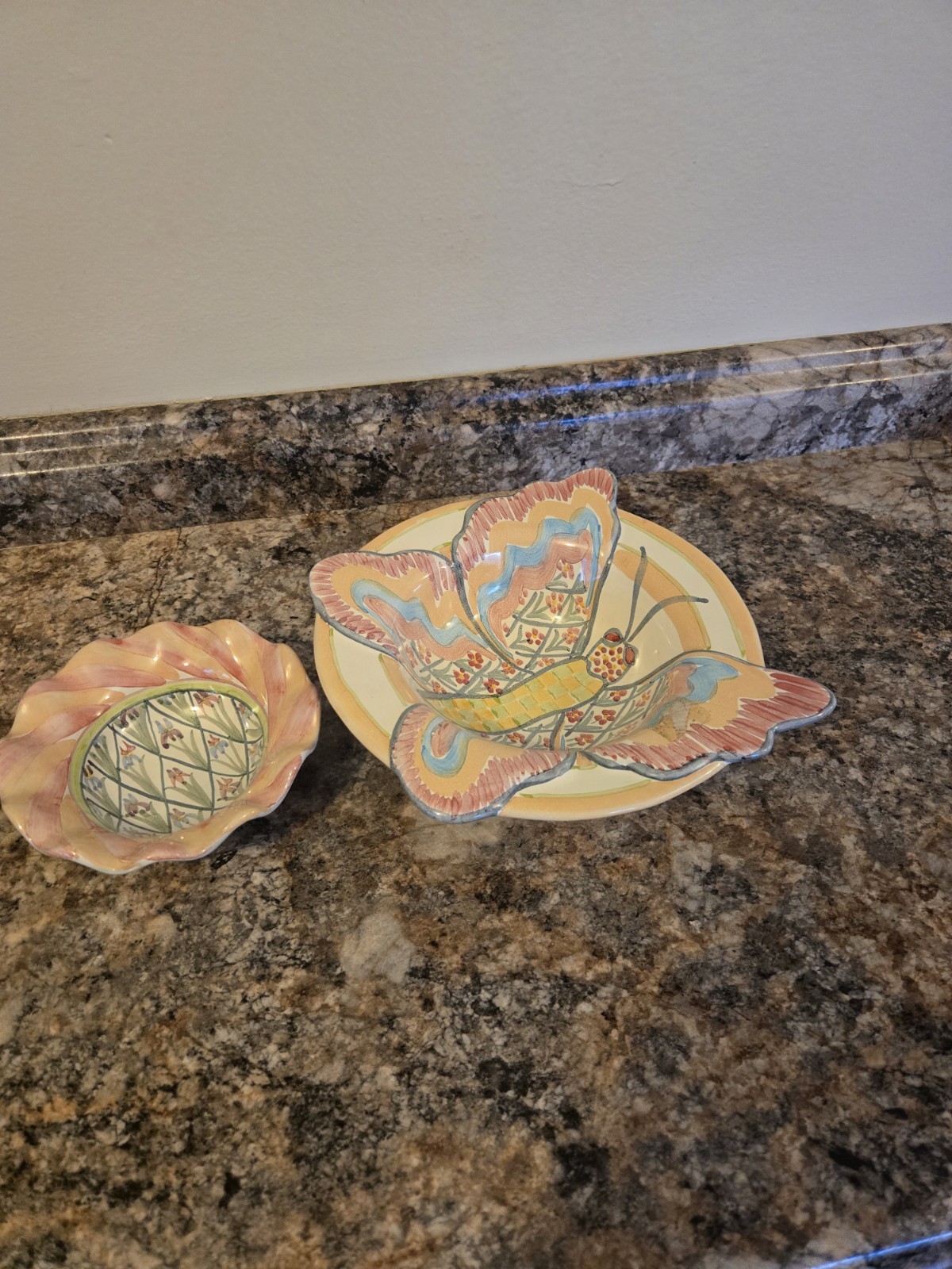 2 HTF Mackenzie Childs Ceramic 8.5″ Butterfly Bowl Retired Plus Iris Bowl