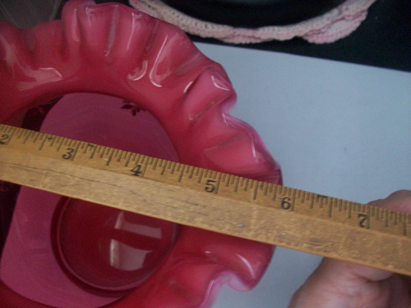 Vintage FENTON 6″ cranberry opalescent Charleton hand pnt’d roses ruffled bowl