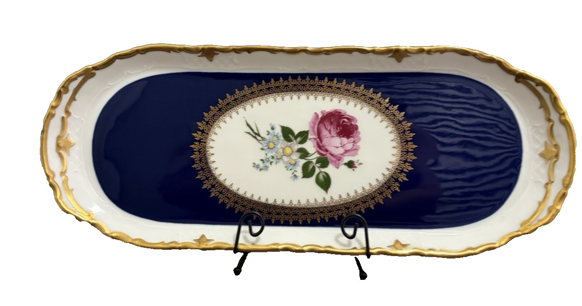 Reichenbach Echt Kobalt 16″ Cobalt Blue Floral Oval Serving Platter Gold Trim