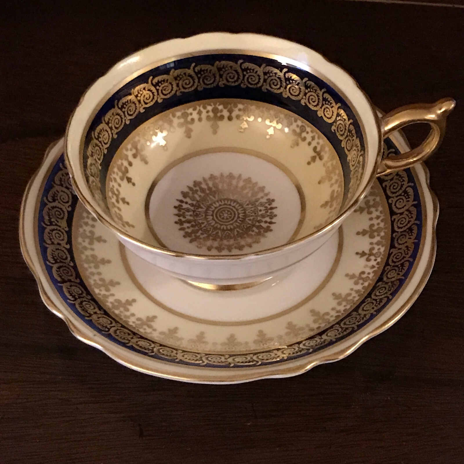 Vtg PARAGON Bone China Cup Saucer, Lt Yellow & Cobalt Blue, Gilded Lacy Filigree