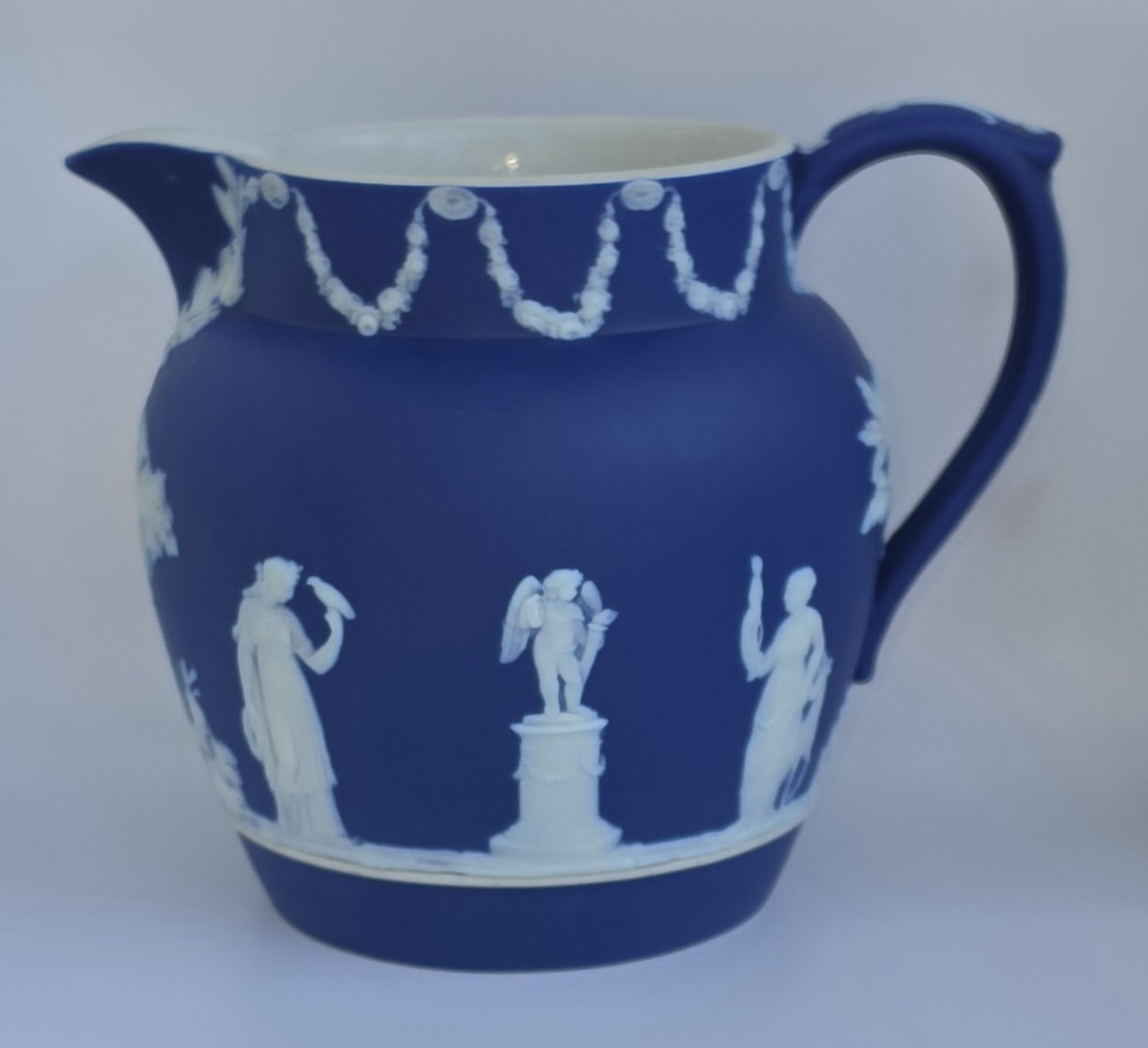 ~VINTAGE “WEDGEWOOD” DARK BLUE JASPERWARE ORNATE NEO-CLASSICAL DESIGN PITCHER~