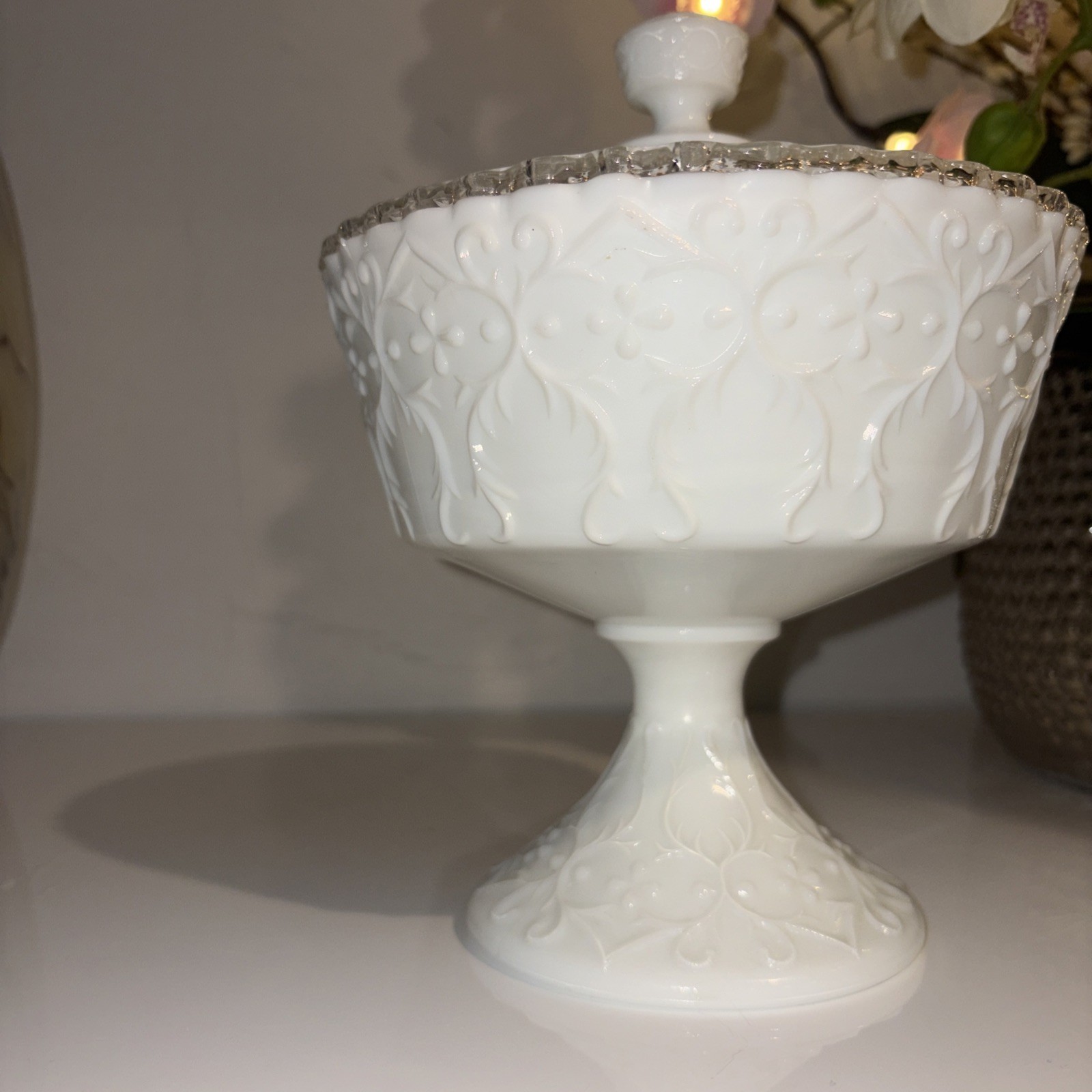 Fenton Milk Glass Silver Crest W/ Spanish Lace Footed Compote Candy Dish W/Lid