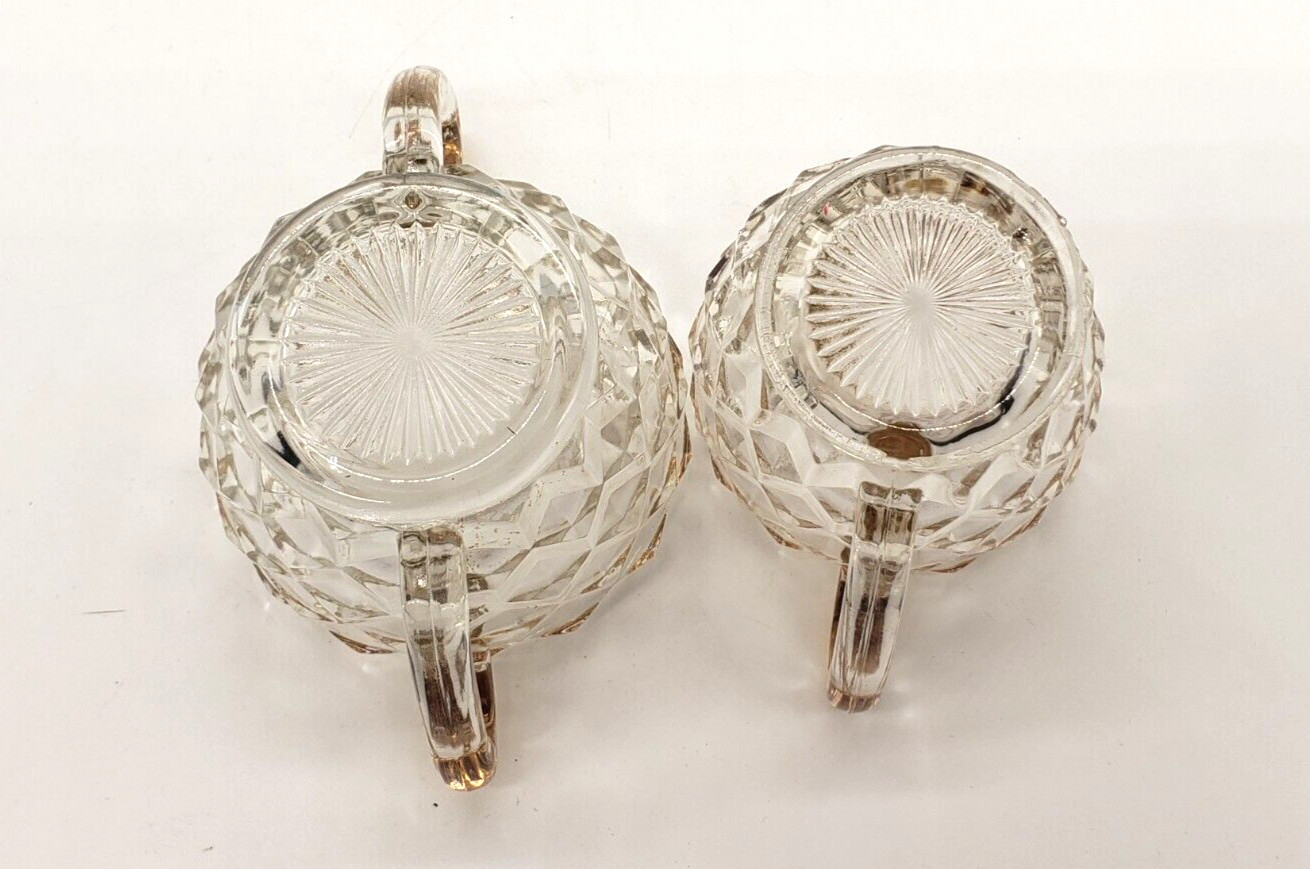 Vintage Depression Clear Glass- Cubist Pattern Sugar Bowl and Creamer gold trim
