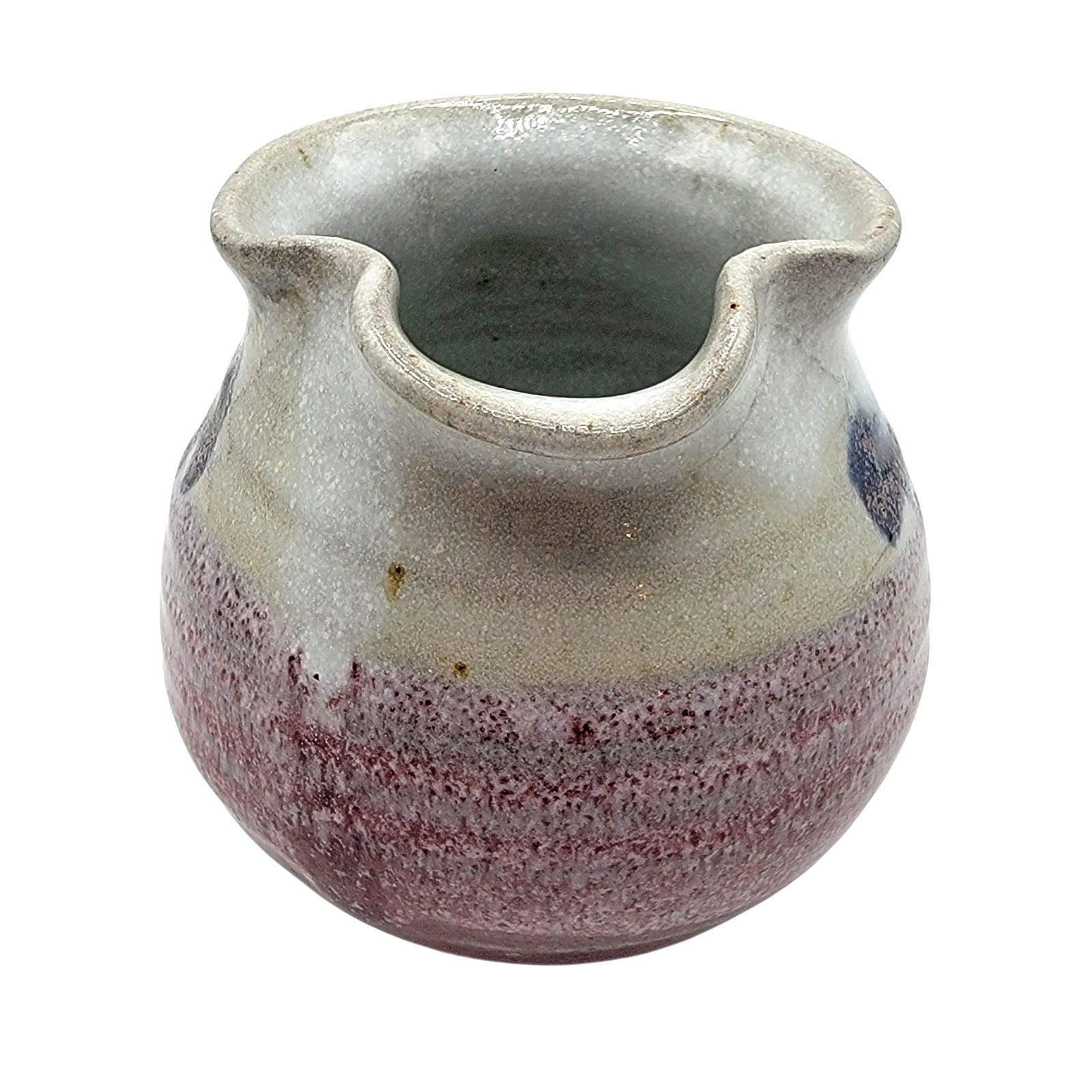Studio Pottery Creamer Sugar Set Signed Purple Drip Glaze Blue Floral Stoneware