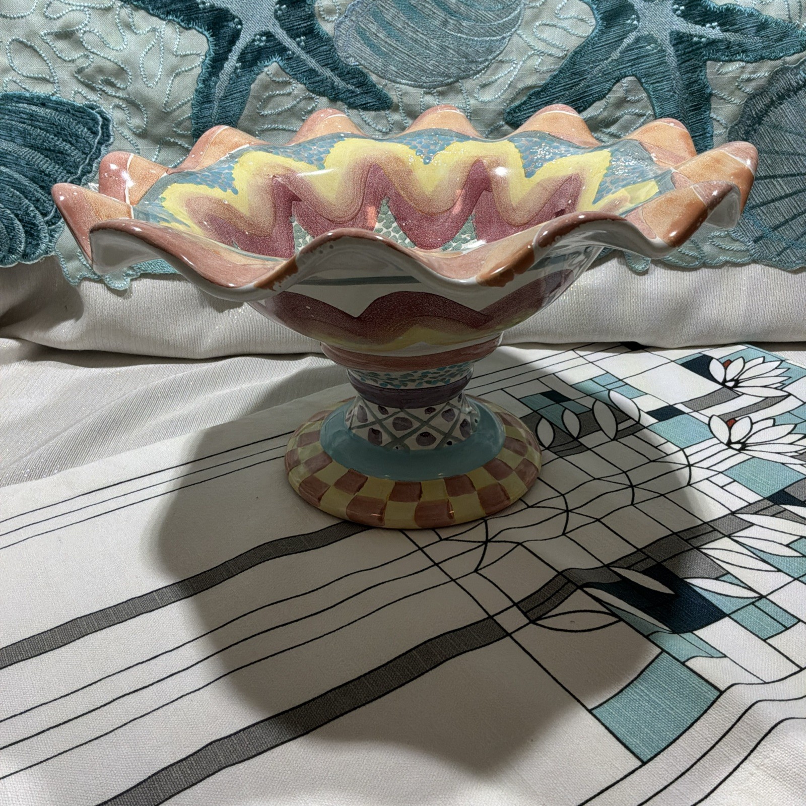 Mackenzie Childs Keukenbof Large Pedestal Fluted Compote Bowl 12” 1993